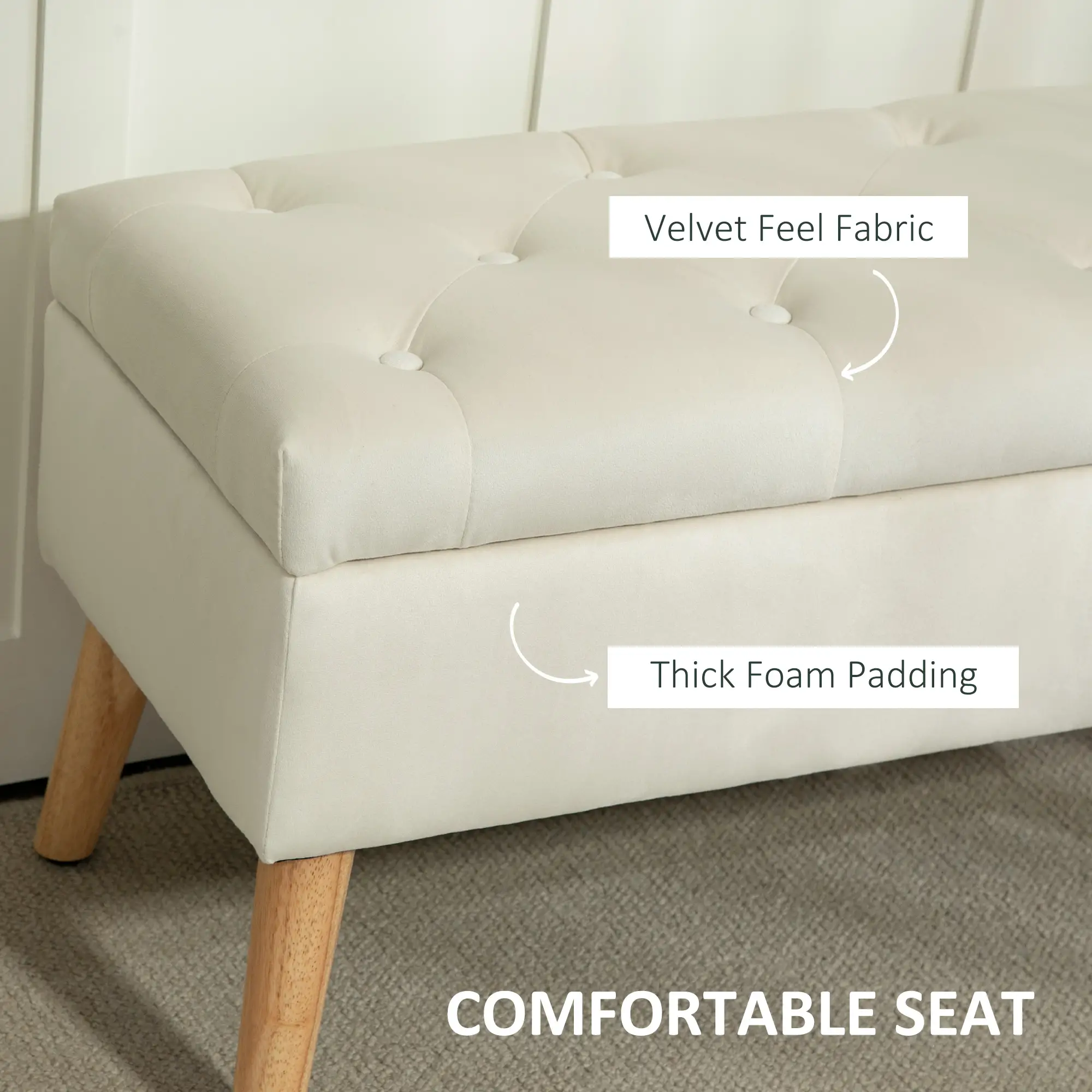 Velvet Storage Ottoman with Lid, Wood Legs, Cream White - Image 5