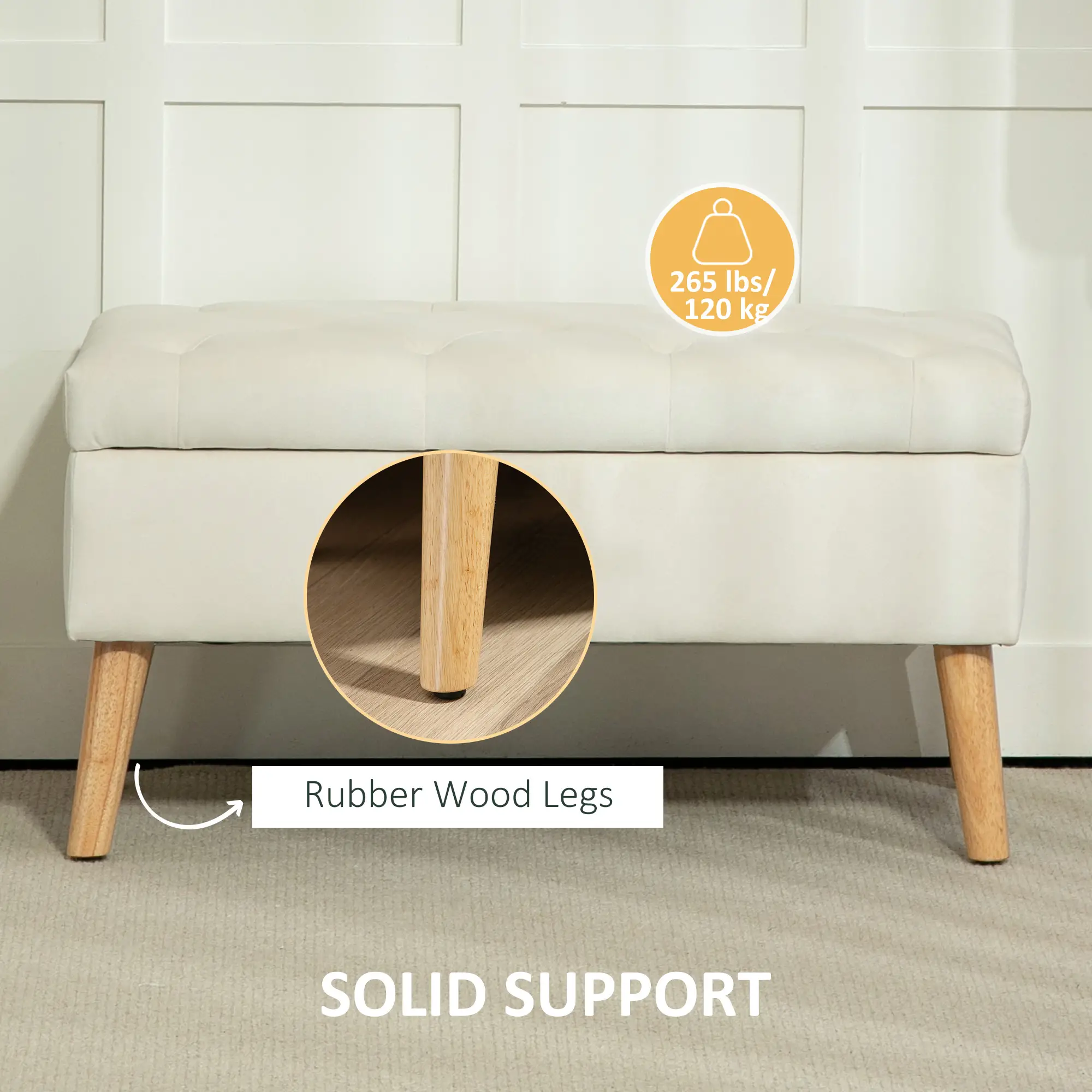 Velvet Storage Ottoman with Lid, Wood Legs, Cream White - Image 6