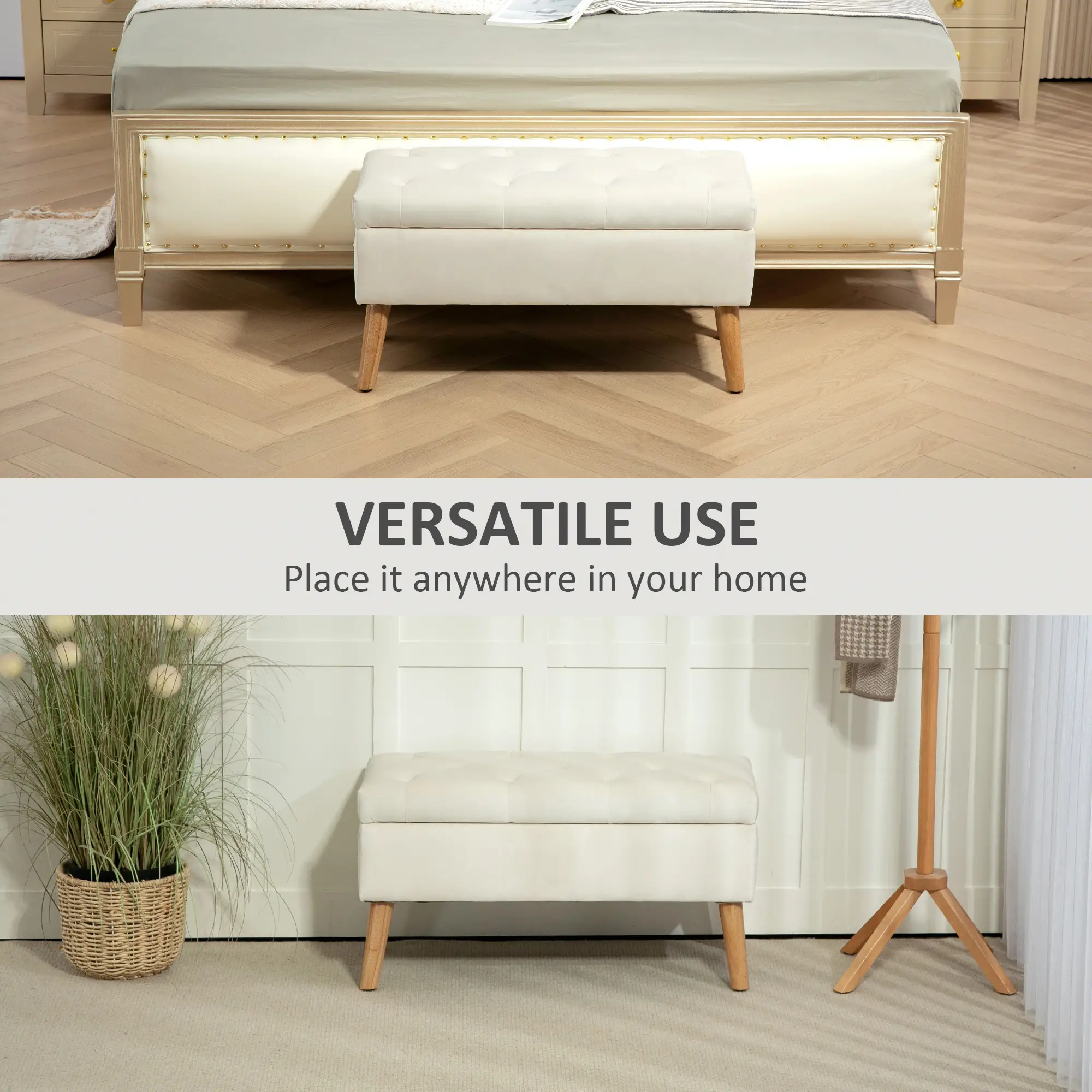 Velvet Storage Ottoman with Lid, Wood Legs, Cream White - Image 7