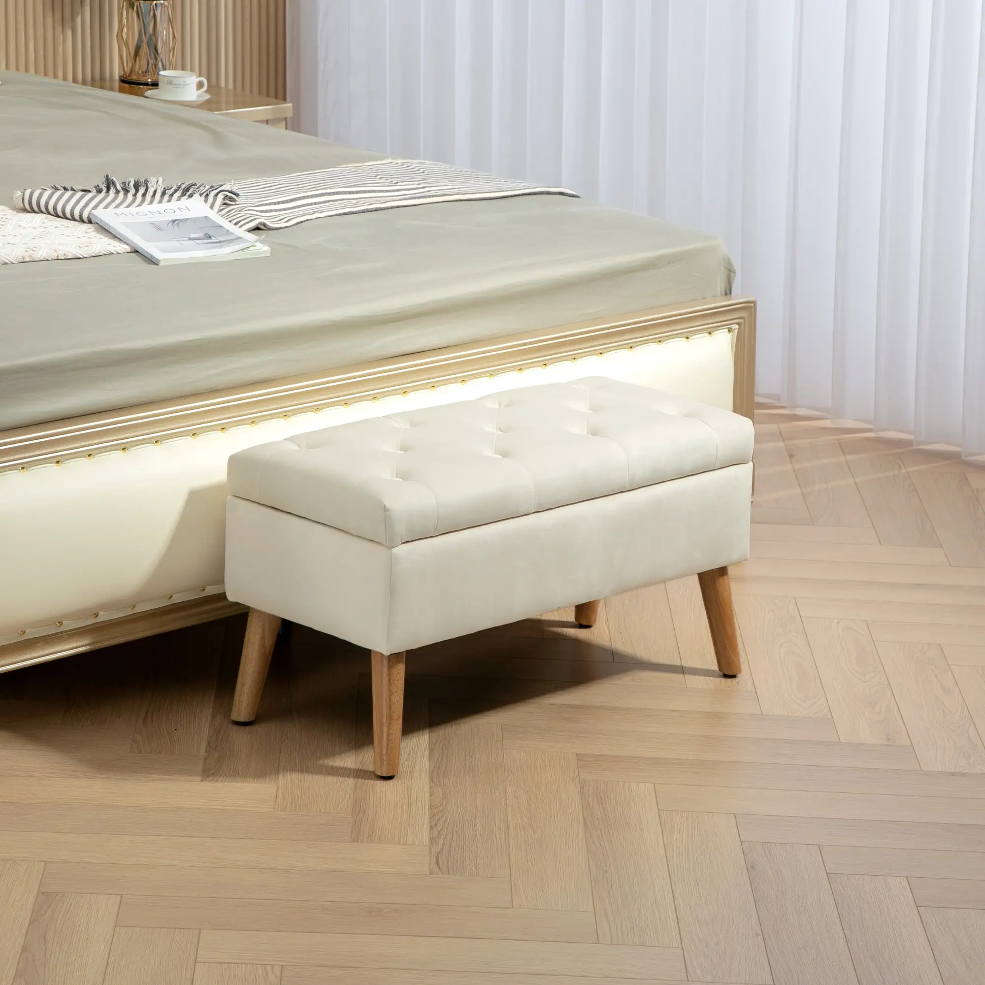 Velvet Storage Ottoman with Lid, Wood Legs, Cream White - Image 8