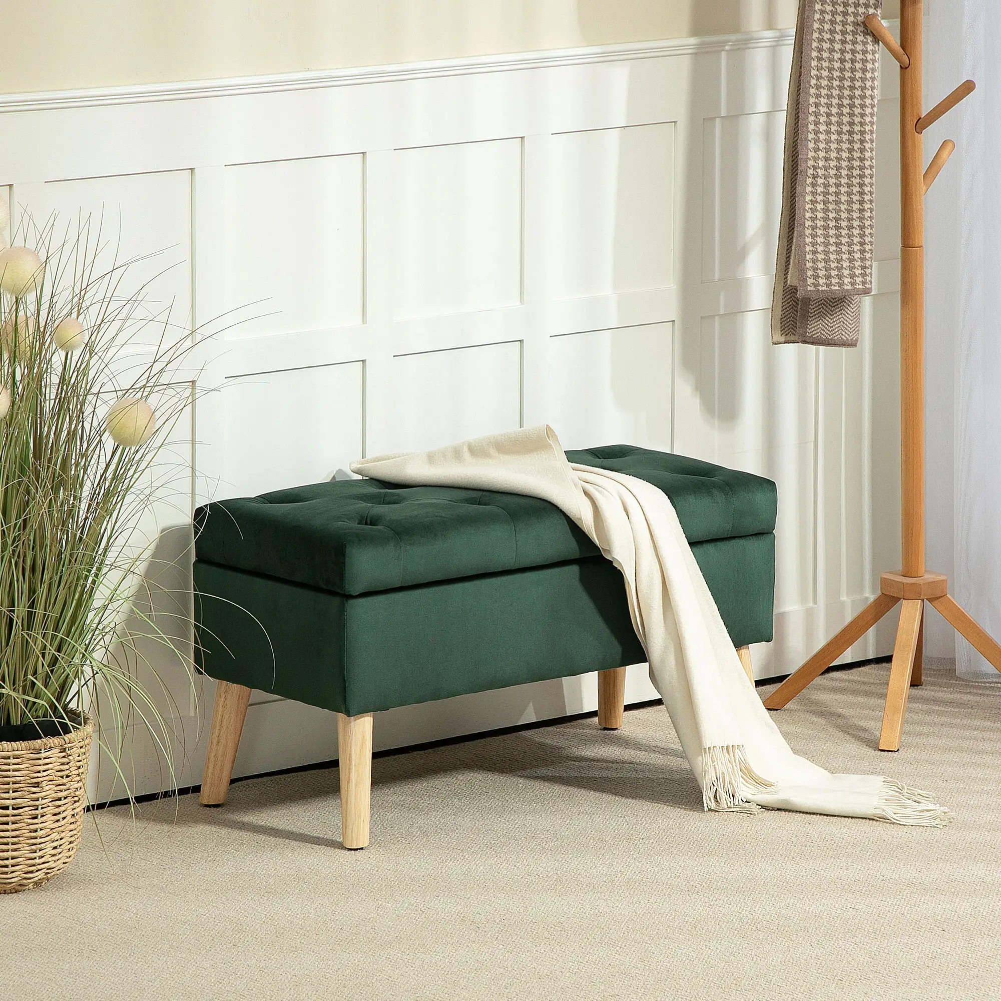 Velvet Storage Ottoman with Lid, Wood Legs, Dark Green - Image 2