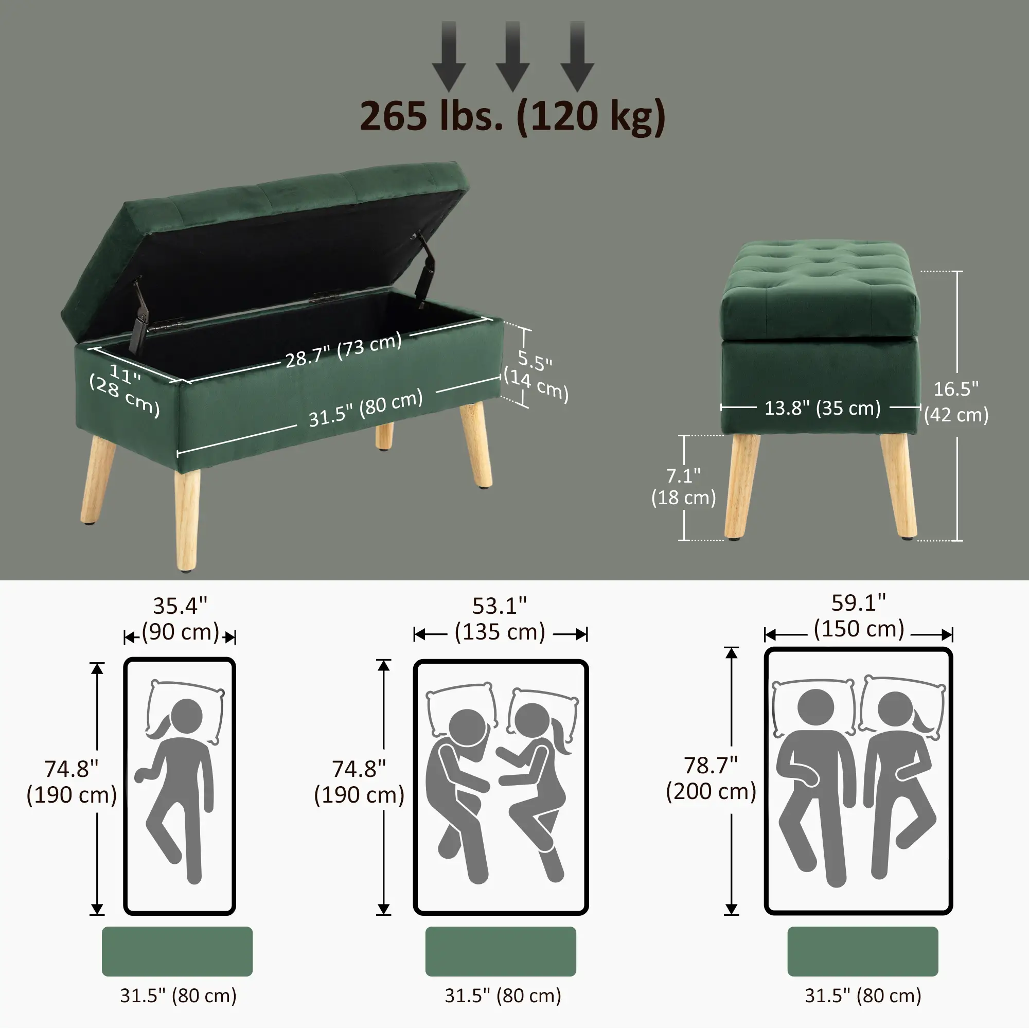 Velvet Storage Ottoman with Lid, Wood Legs, Dark Green - Image 3