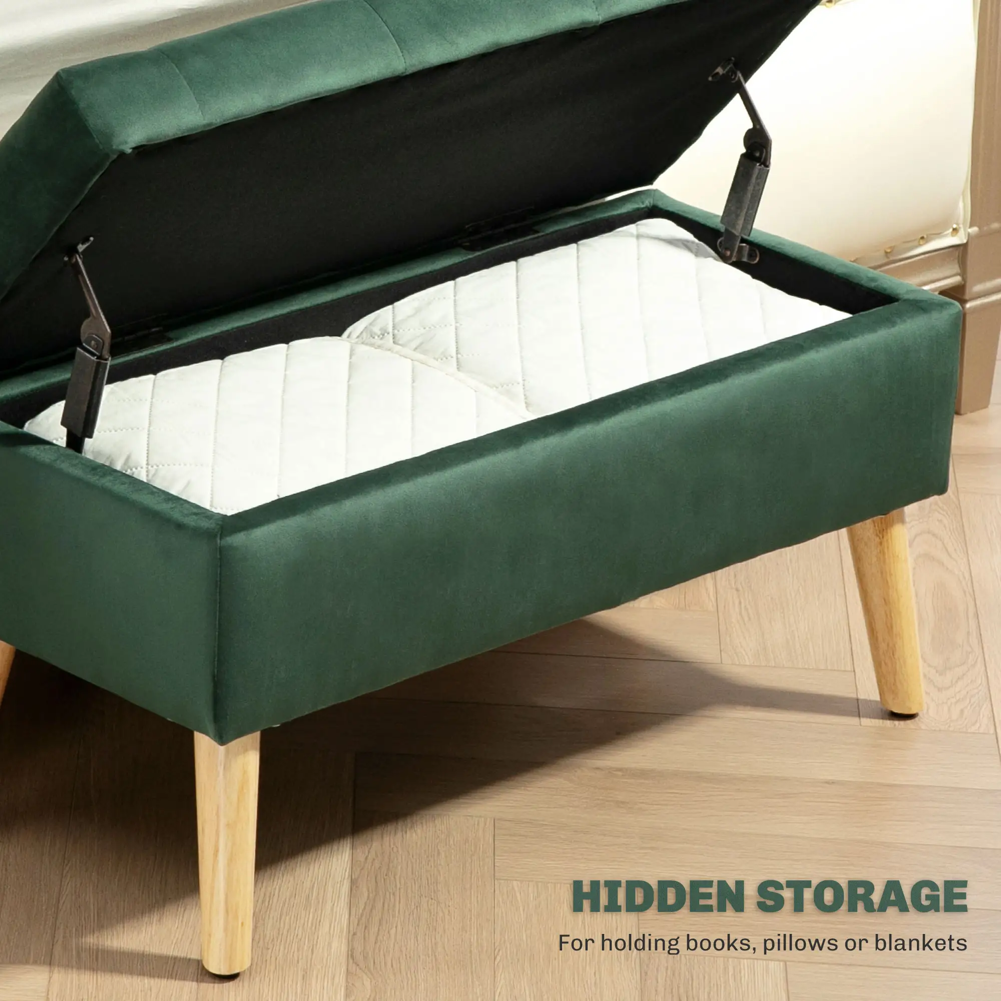 Velvet Storage Ottoman with Lid, Wood Legs, Dark Green - Image 4