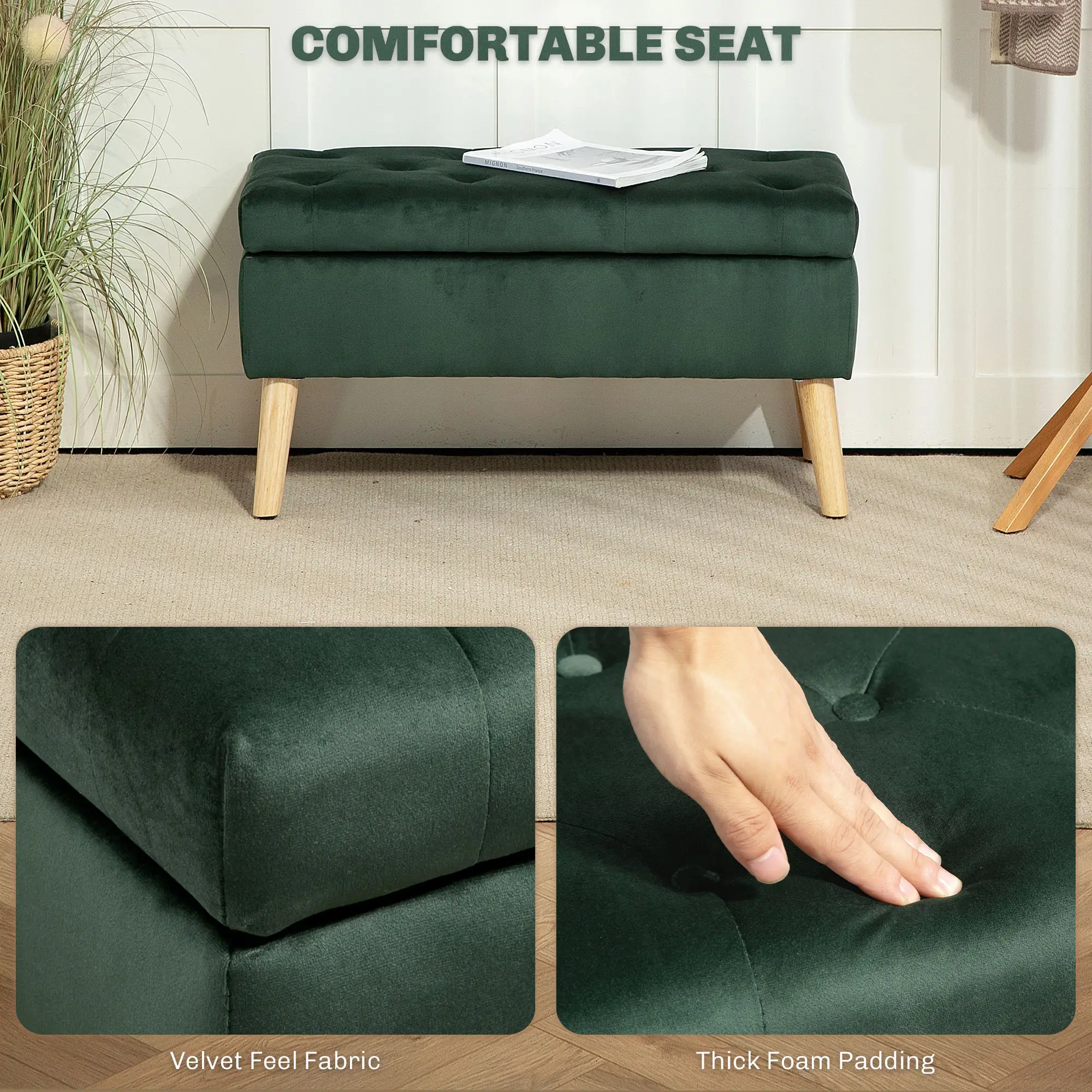 Velvet Storage Ottoman with Lid, Wood Legs, Dark Green - Image 5