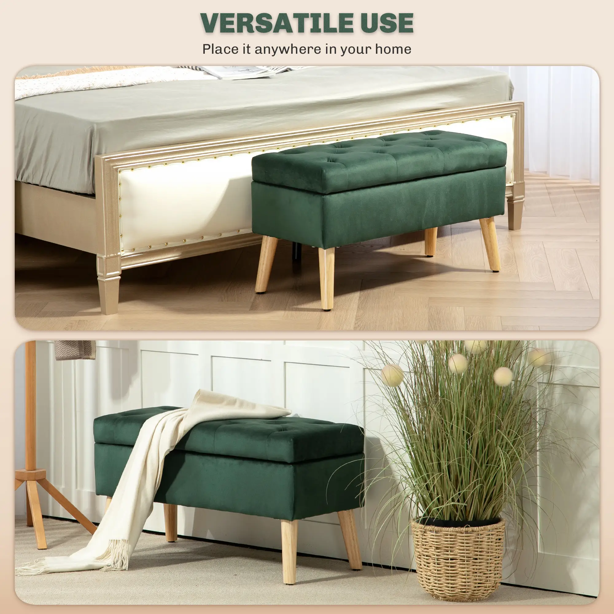 Velvet Storage Ottoman with Lid, Wood Legs, Dark Green - Image 7