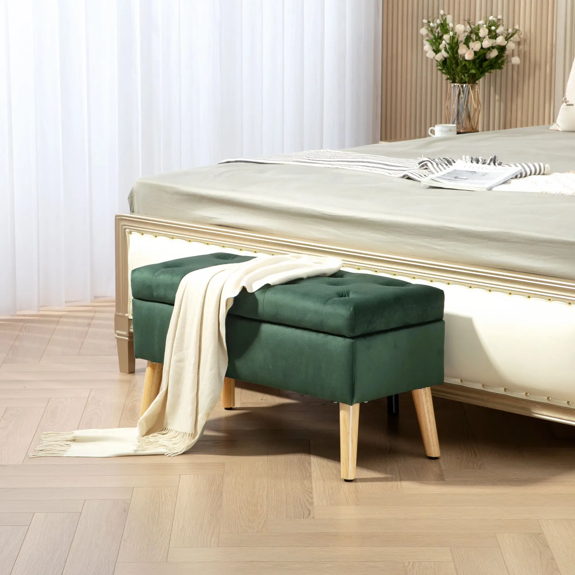 Velvet Storage Ottoman with Lid, Wood Legs, Dark Green - Image 8