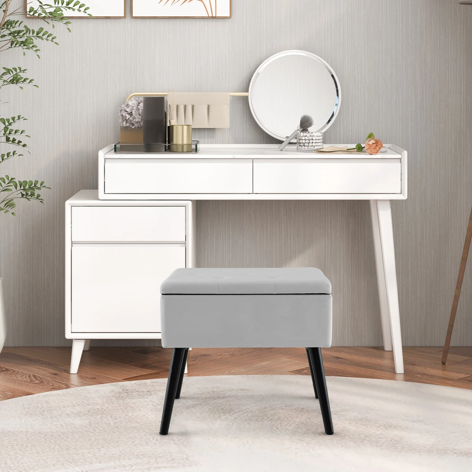 Velvet Storage Ottoman With Solid Wood Legs, Gray - Image 2