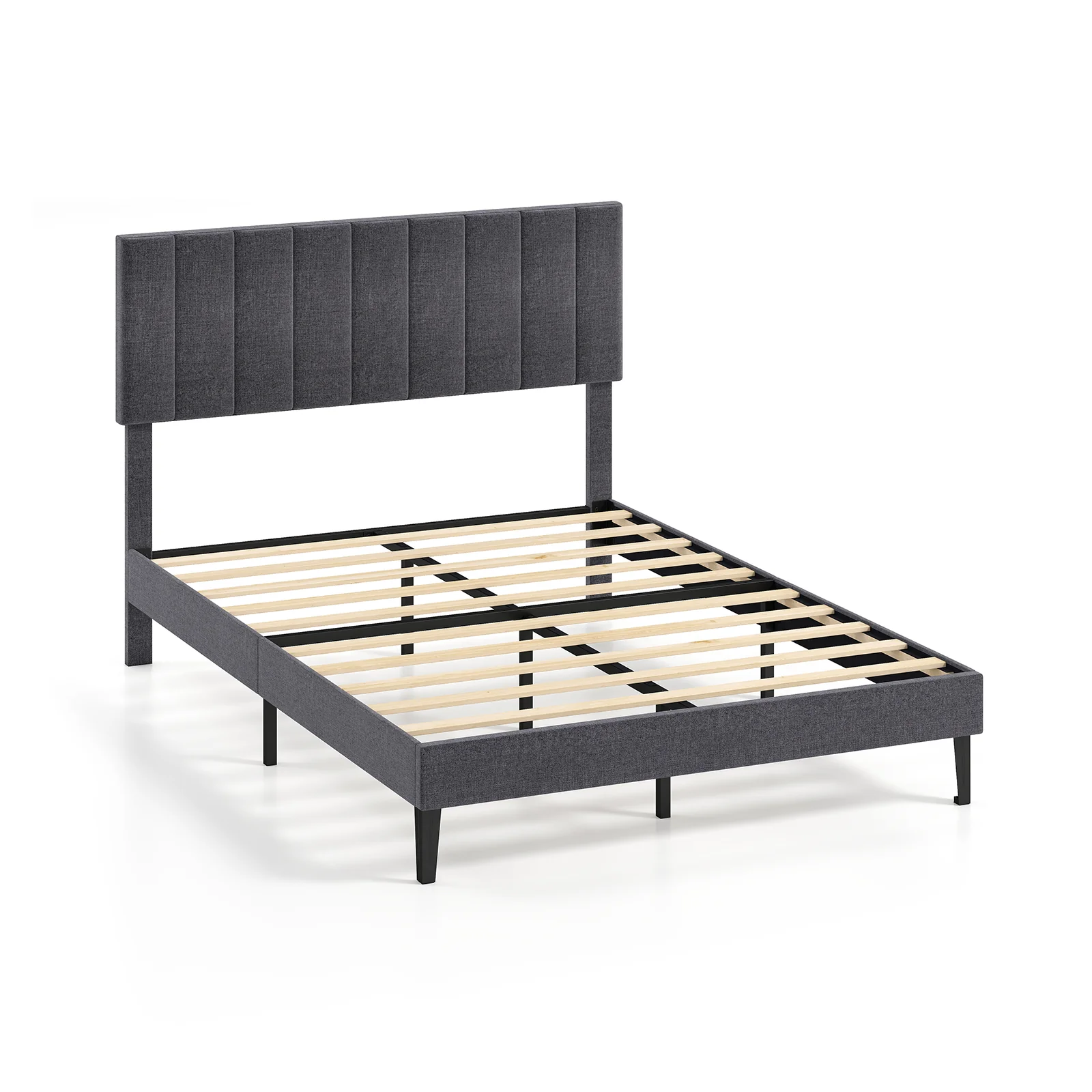 Velvet Upholstered Platform Bed with Height Adjustable Vertical Channel Headboard-Full Size - Image 3