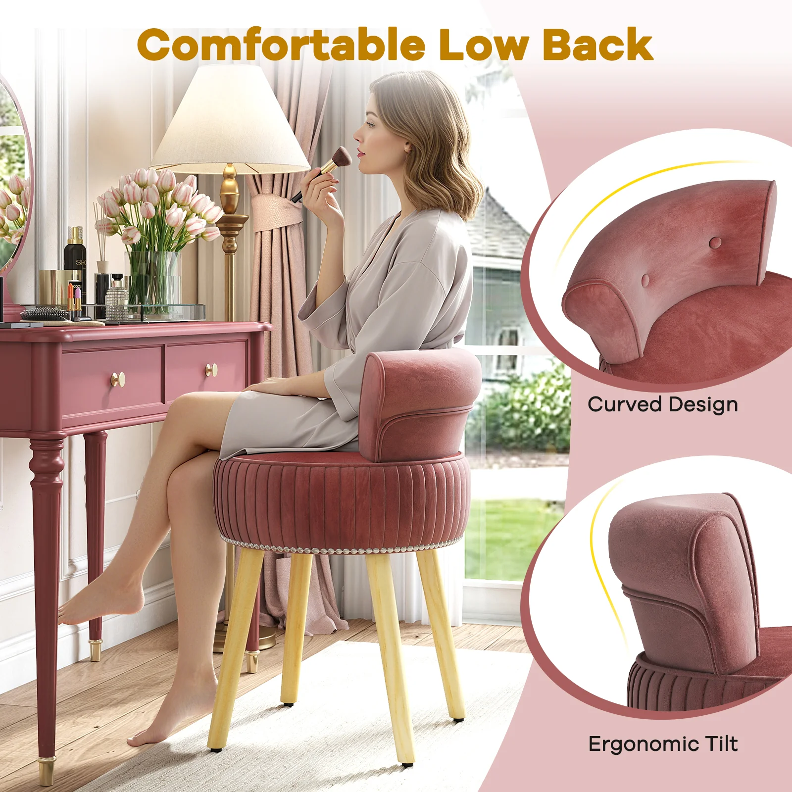 Velvet Vanity Chair, Tufted Low Back, Solid Wood Legs, Pink - Image 10