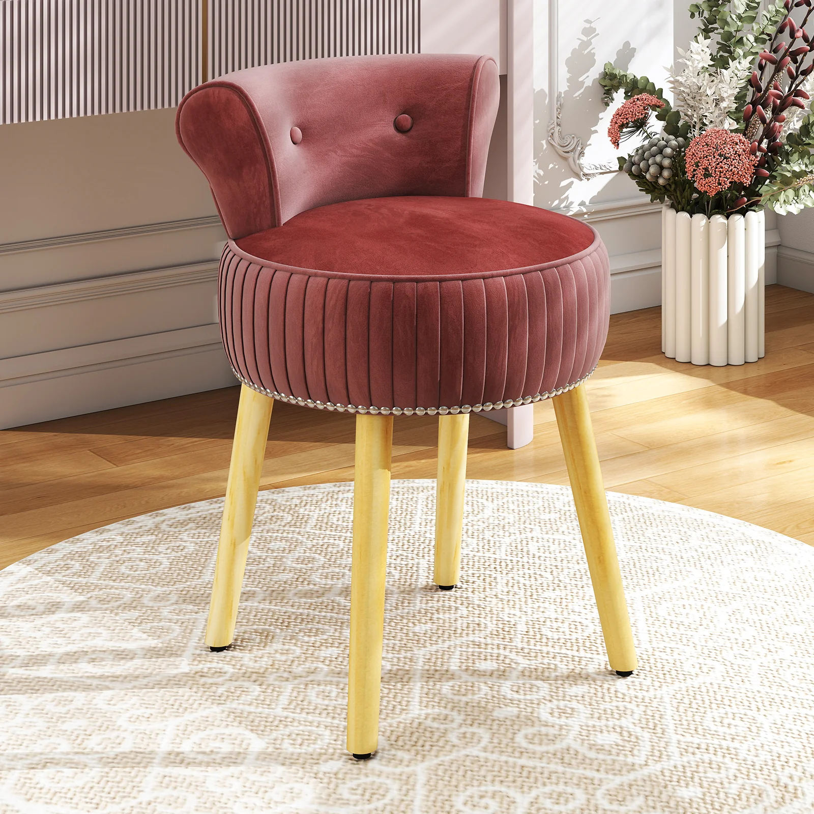 Velvet Vanity Chair, Tufted Low Back, Solid Wood Legs, Pink - Image 2