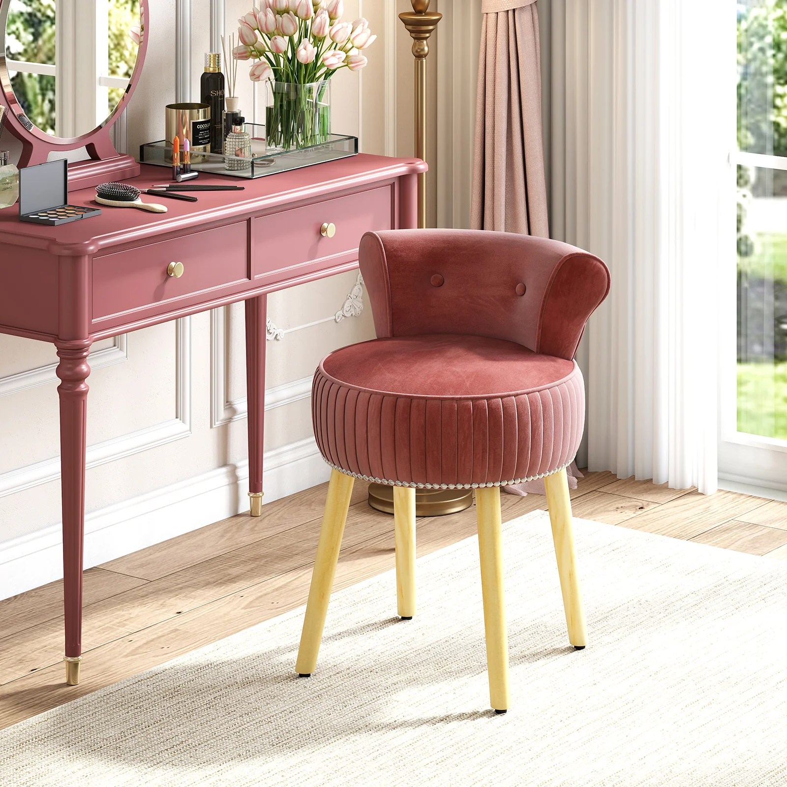Velvet Vanity Chair, Tufted Low Back, Solid Wood Legs, Pink - Image 3