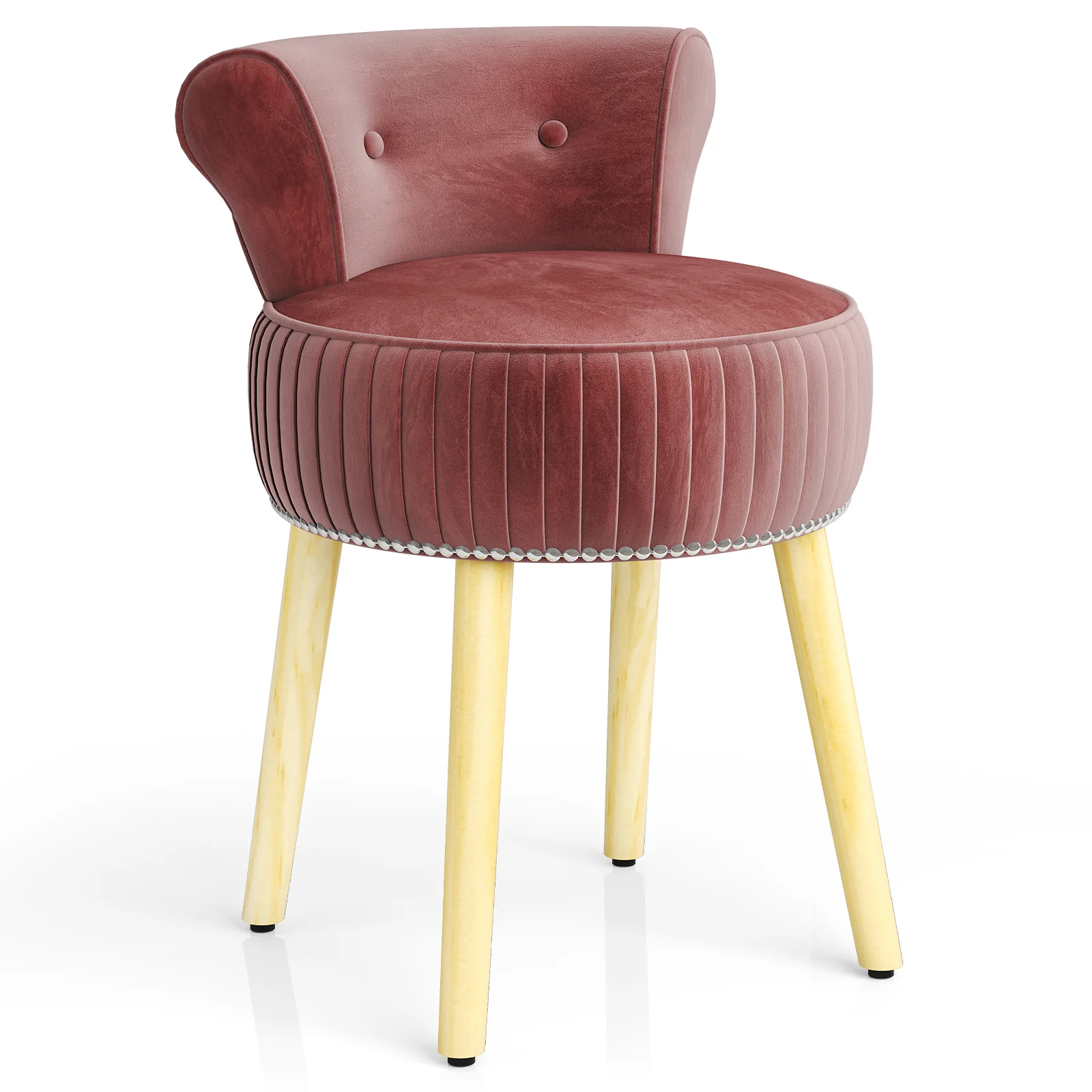 Velvet Vanity Chair, Tufted Low Back, Solid Wood Legs, Pink - Image 4
