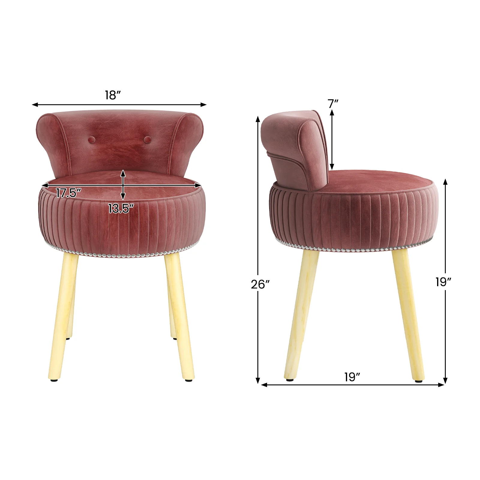Velvet Vanity Chair, Tufted Low Back, Solid Wood Legs, Pink - Image 6