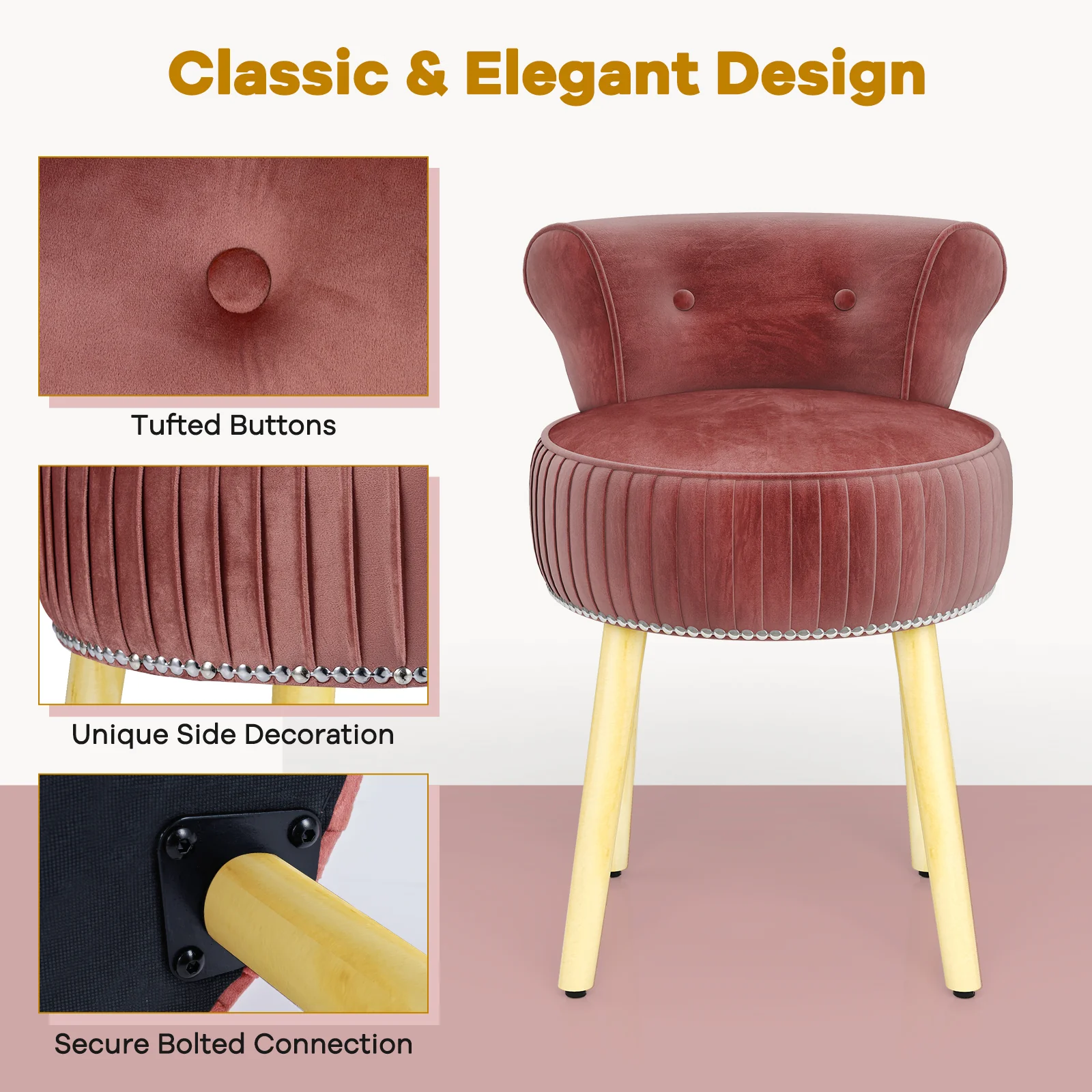 Velvet Vanity Chair, Tufted Low Back, Solid Wood Legs, Pink - Image 8