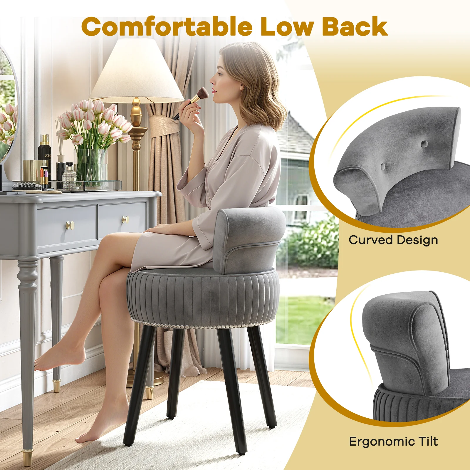 Velvet Vanity Chair, Upholstered Stool, Tufted Low Back, Solid Wood Legs, Gray - Image 10