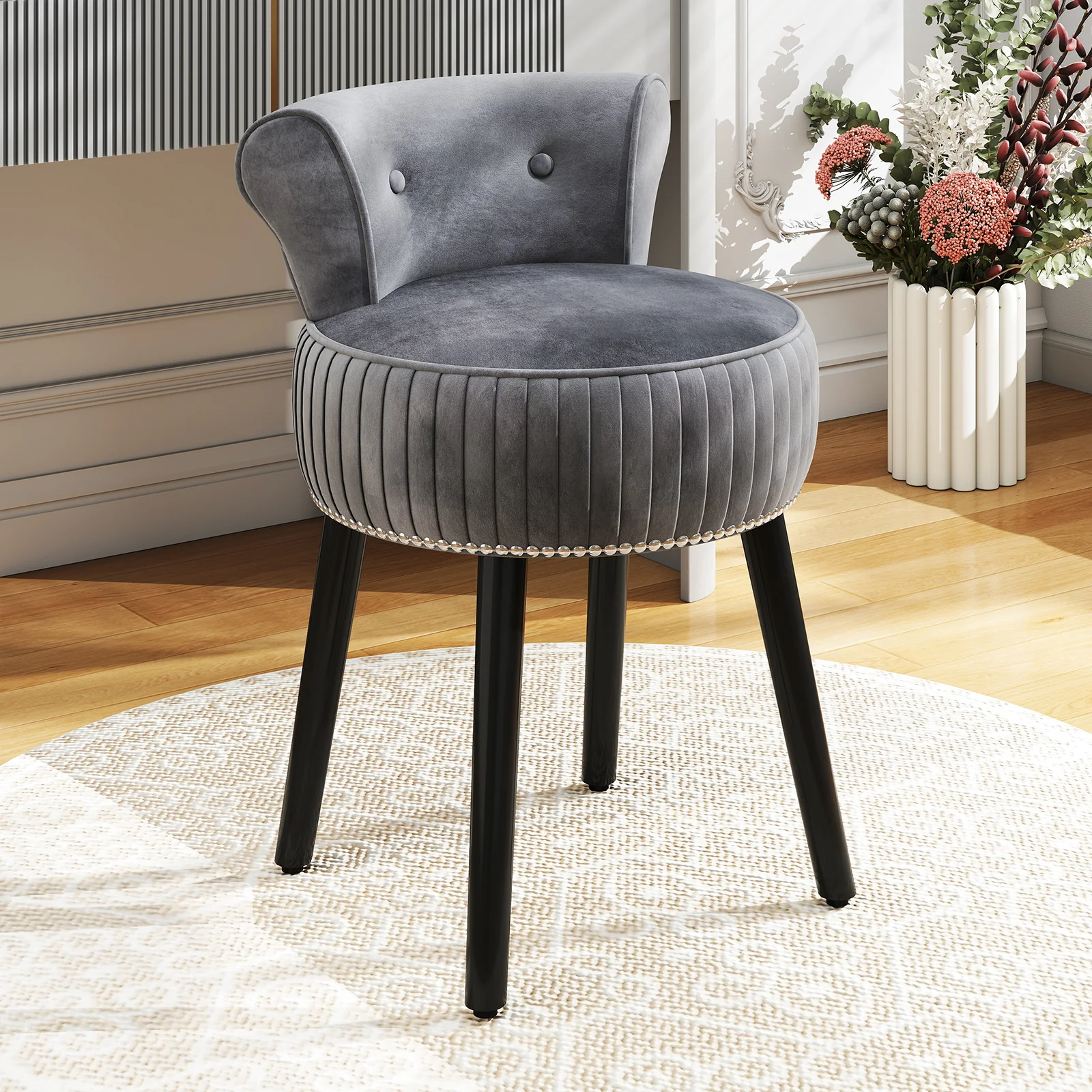 Velvet Vanity Chair, Upholstered Stool, Tufted Low Back, Solid Wood Legs, Gray - Image 2