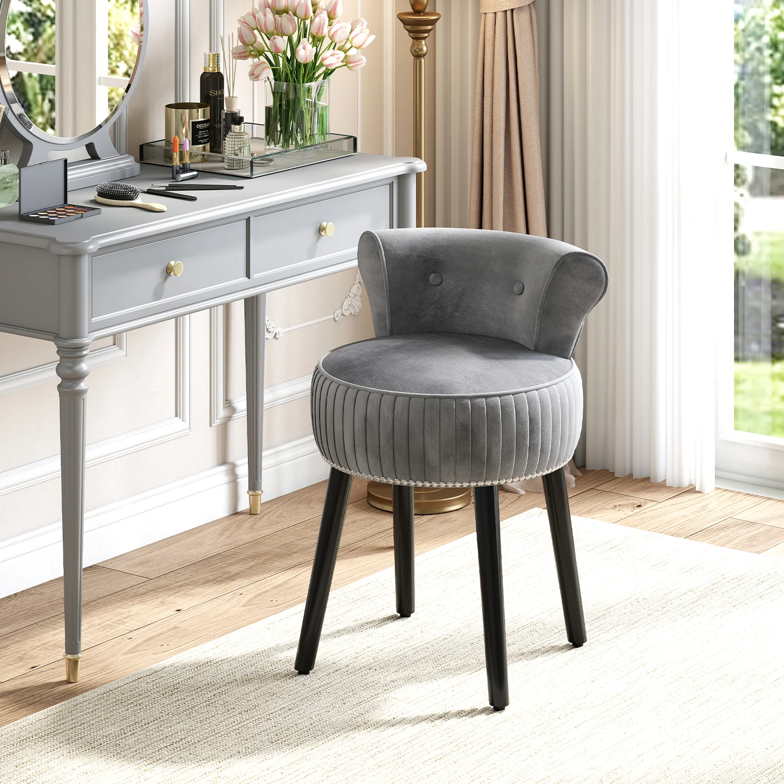 Velvet Vanity Chair, Upholstered Stool, Tufted Low Back, Solid Wood Legs, Gray - Image 3