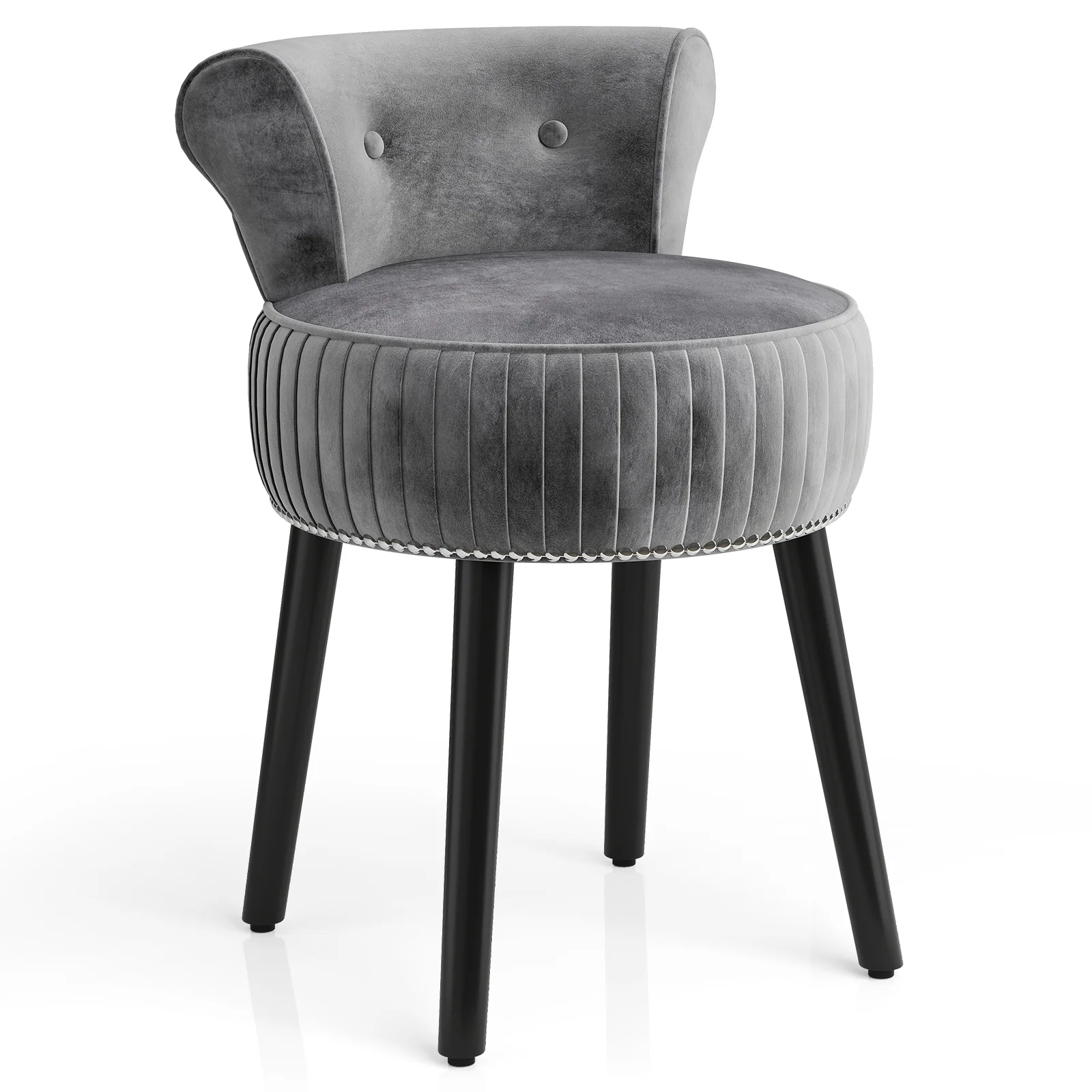 Velvet Vanity Chair, Upholstered Stool, Tufted Low Back, Solid Wood Legs, Gray - Image 4
