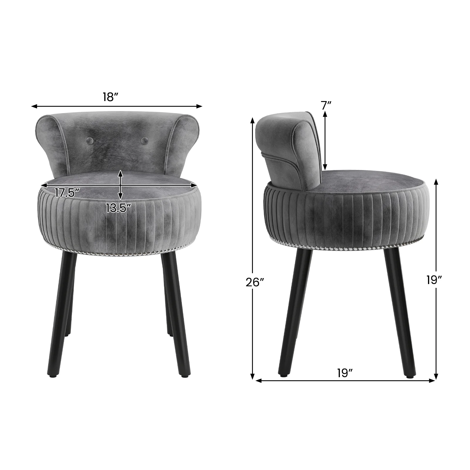 Velvet Vanity Chair, Upholstered Stool, Tufted Low Back, Solid Wood Legs, Gray - Image 6