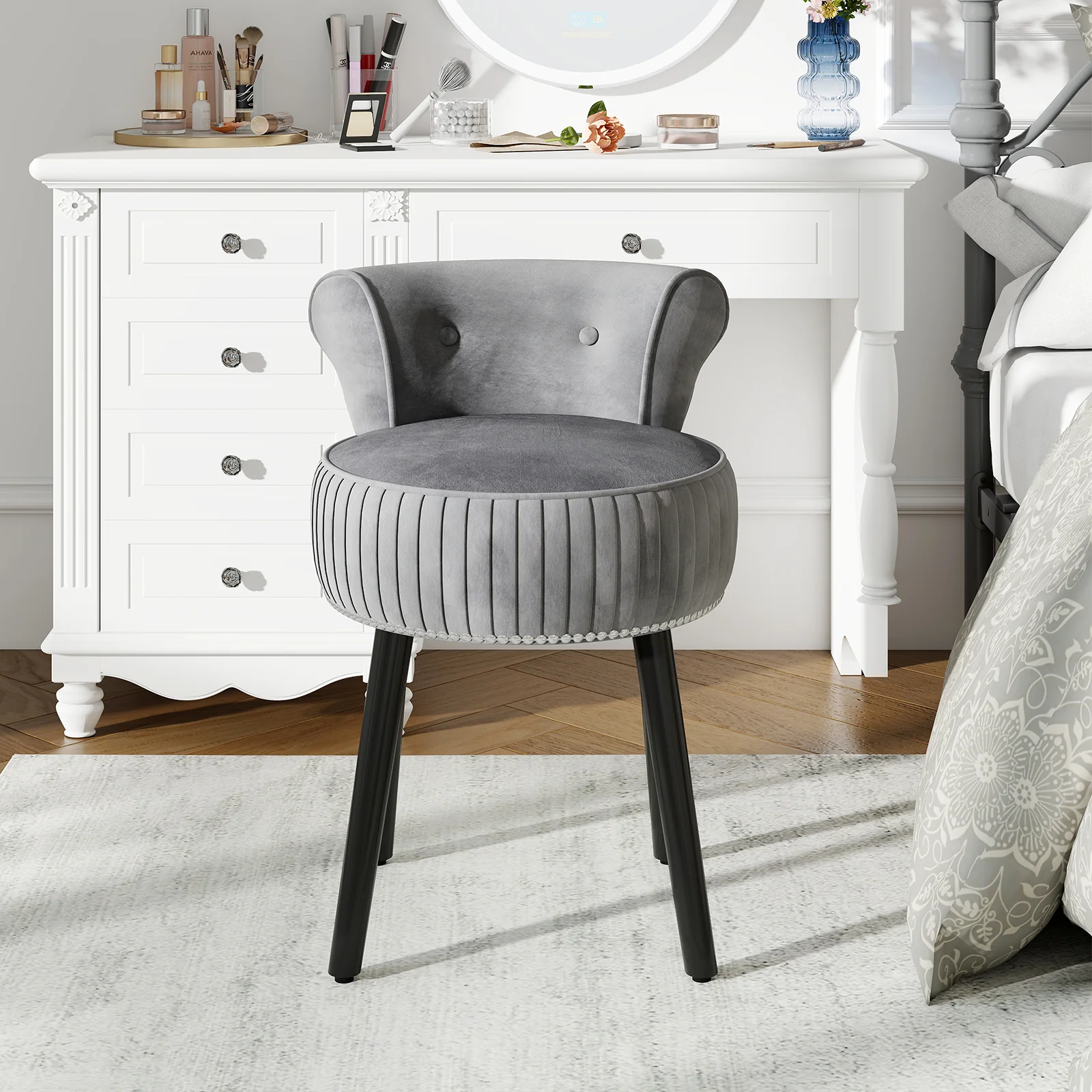 Velvet Vanity Chair, Upholstered Stool, Tufted Low Back, Solid Wood Legs, Gray - Image 7
