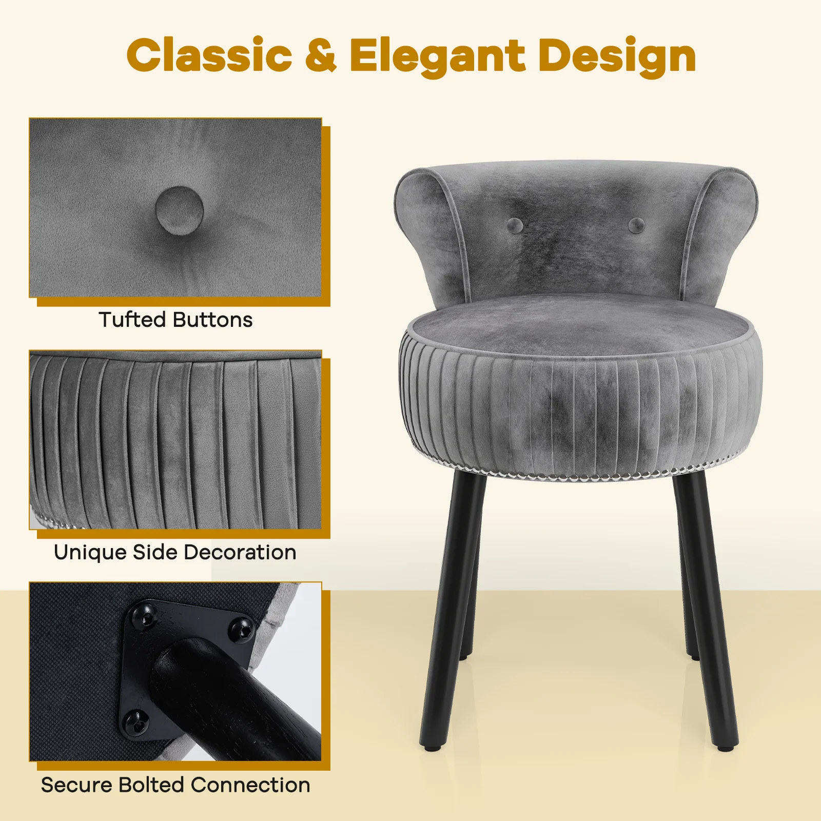 Velvet Vanity Chair, Upholstered Stool, Tufted Low Back, Solid Wood Legs, Gray - Image 8