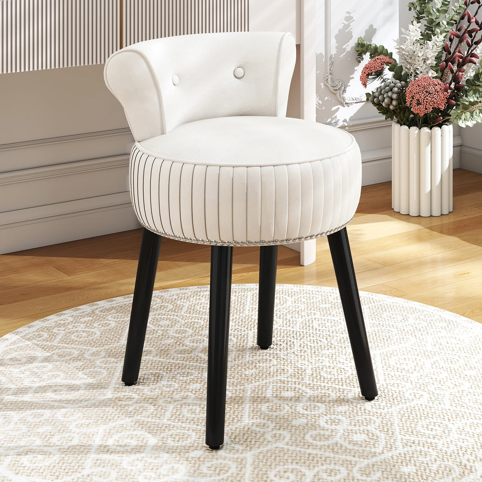 Velvet Vanity Chair, Upholstered Stool, Tufted Low Back, Solid Wood Legs, White - Image 2