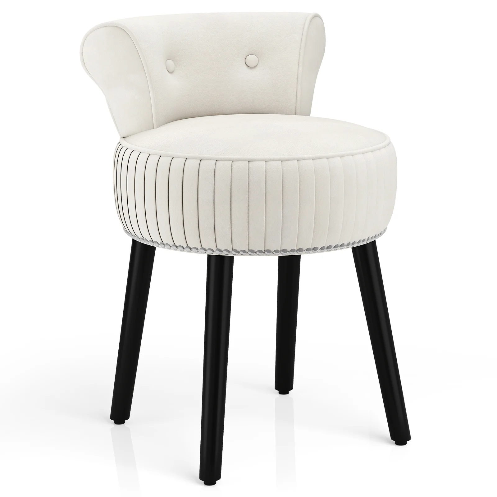 Velvet Vanity Chair, Upholstered Stool, Tufted Low Back, Solid Wood Legs, White - Image 4