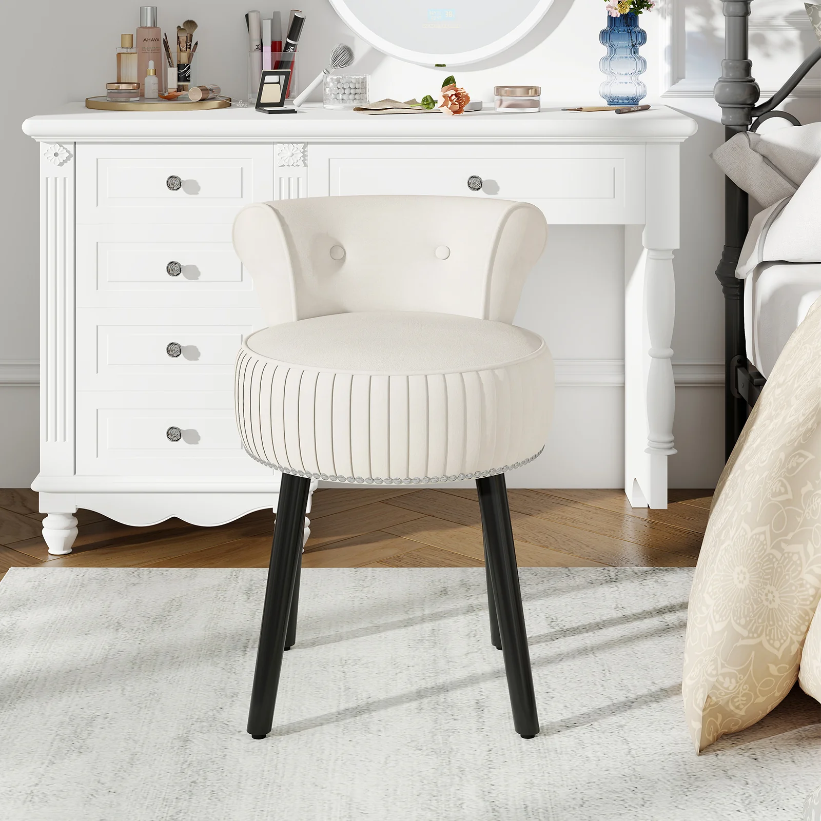 Velvet Vanity Chair, Upholstered Stool, Tufted Low Back, Solid Wood Legs, White - Image 7