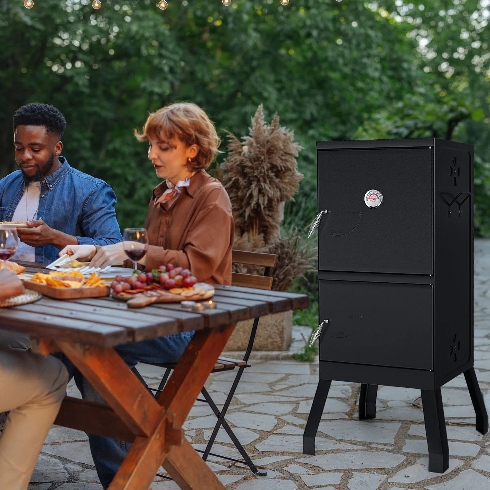 Vertical 2-Tier Outdoor Grill With Temperature Gauge, Black - Image 2
