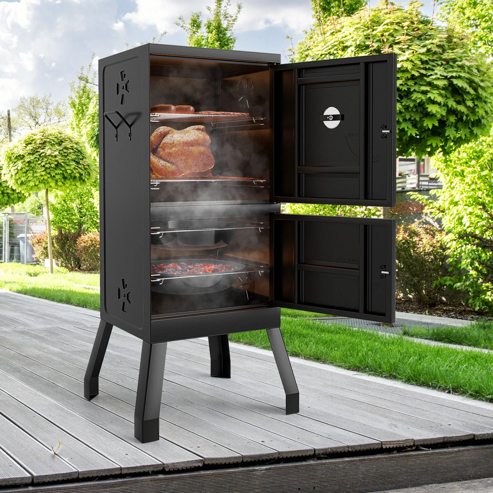 Vertical 2-Tier Outdoor Grill With Temperature Gauge, Black - Image 3