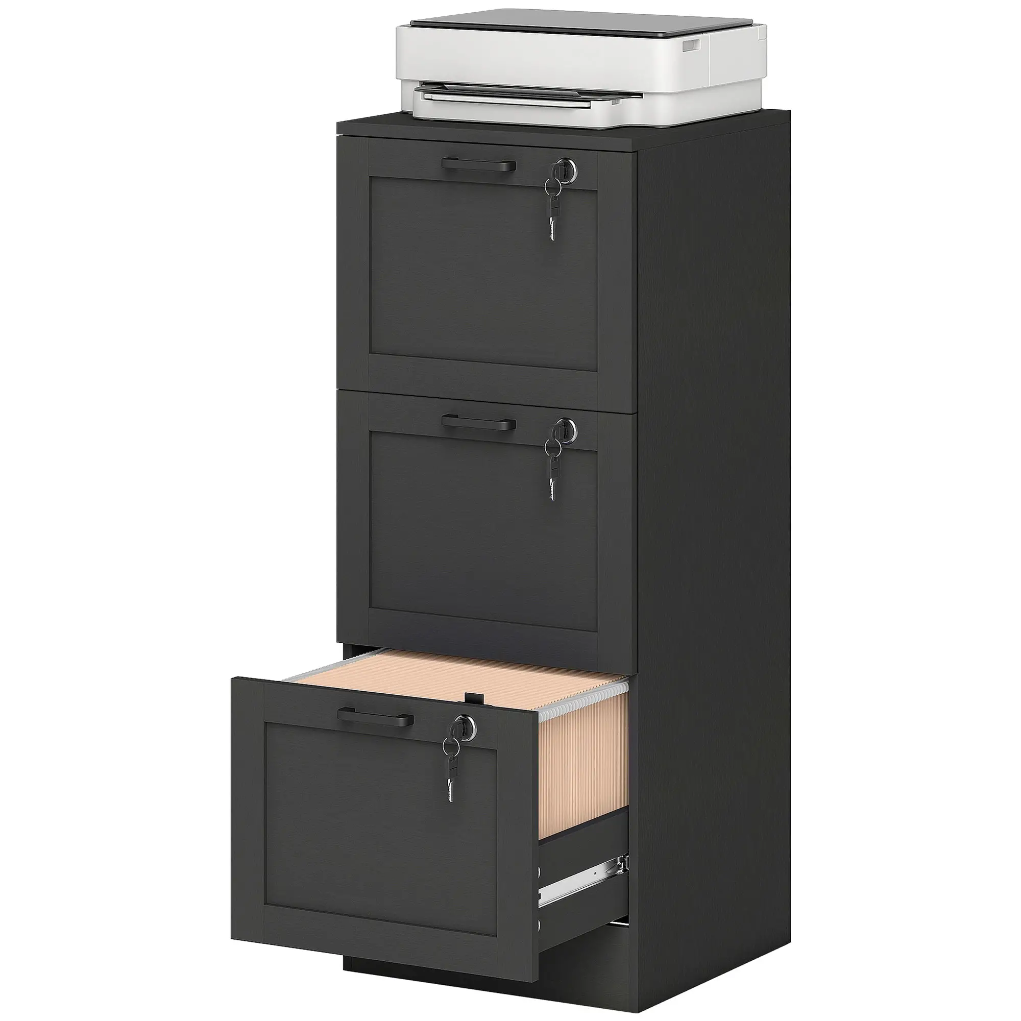Vertical 3-Drawer Filing Cabinet, Lock, A4 Letter Size, Black