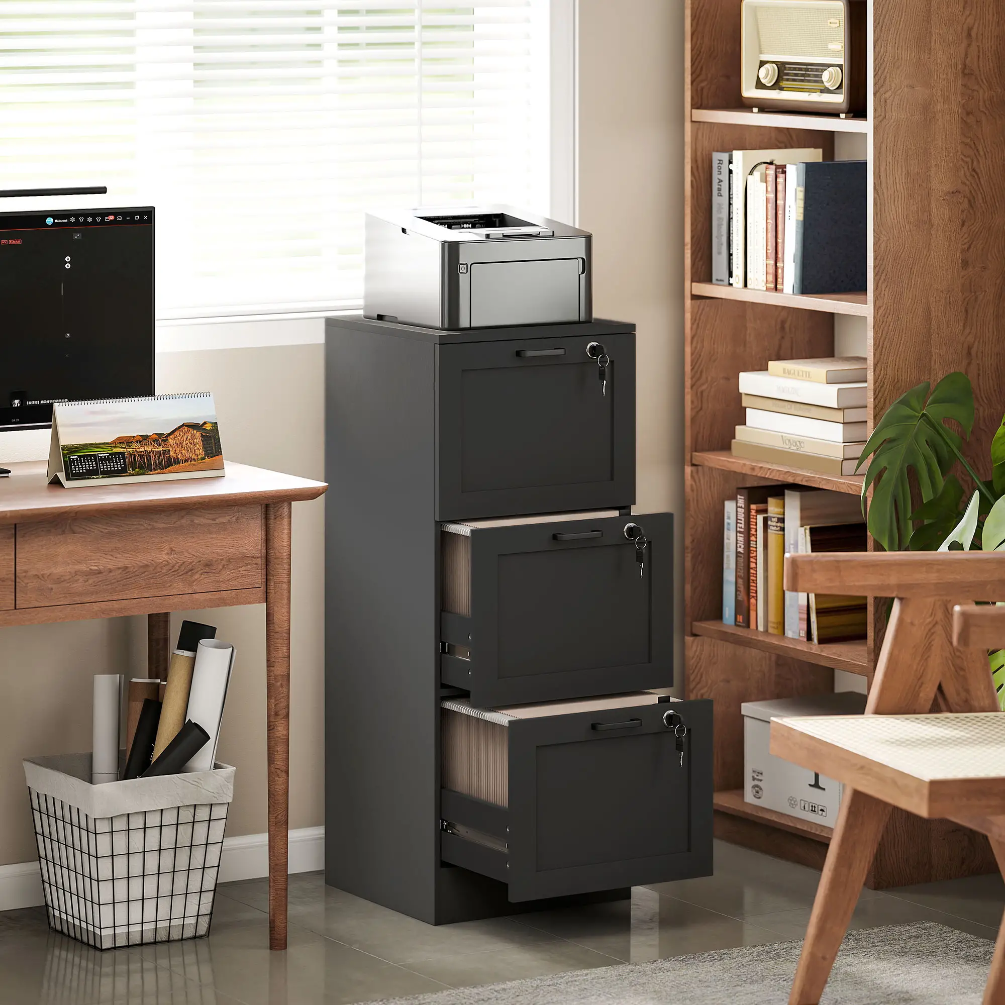 Vertical 3-Drawer Filing Cabinet, Lock, A4 Letter Size, Black - Image 2