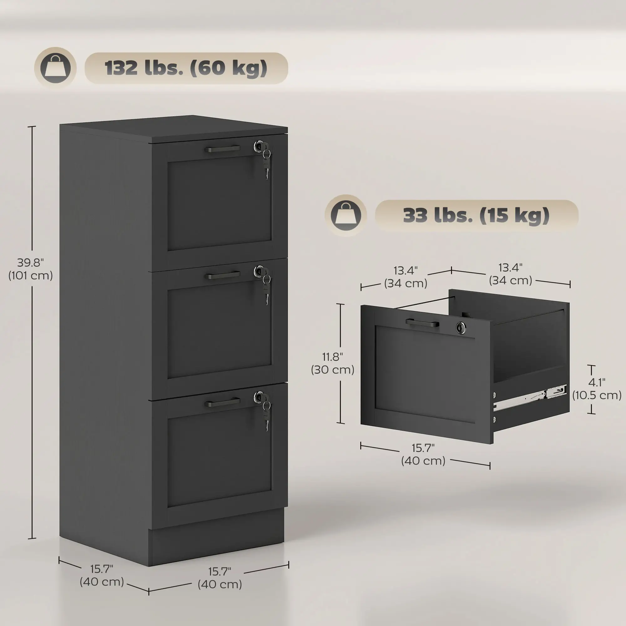 Vertical 3-Drawer Filing Cabinet, Lock, A4 Letter Size, Black - Image 3