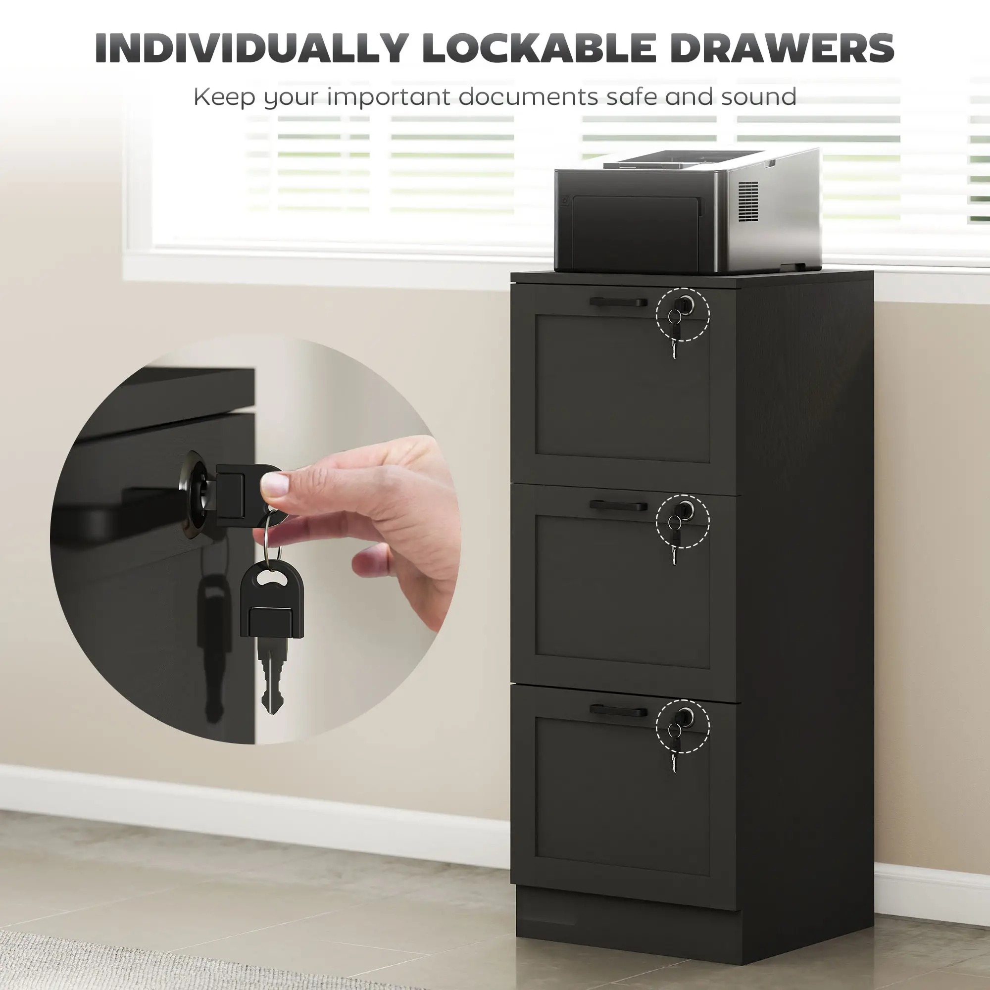 Vertical 3-Drawer Filing Cabinet, Lock, A4 Letter Size, Black - Image 6