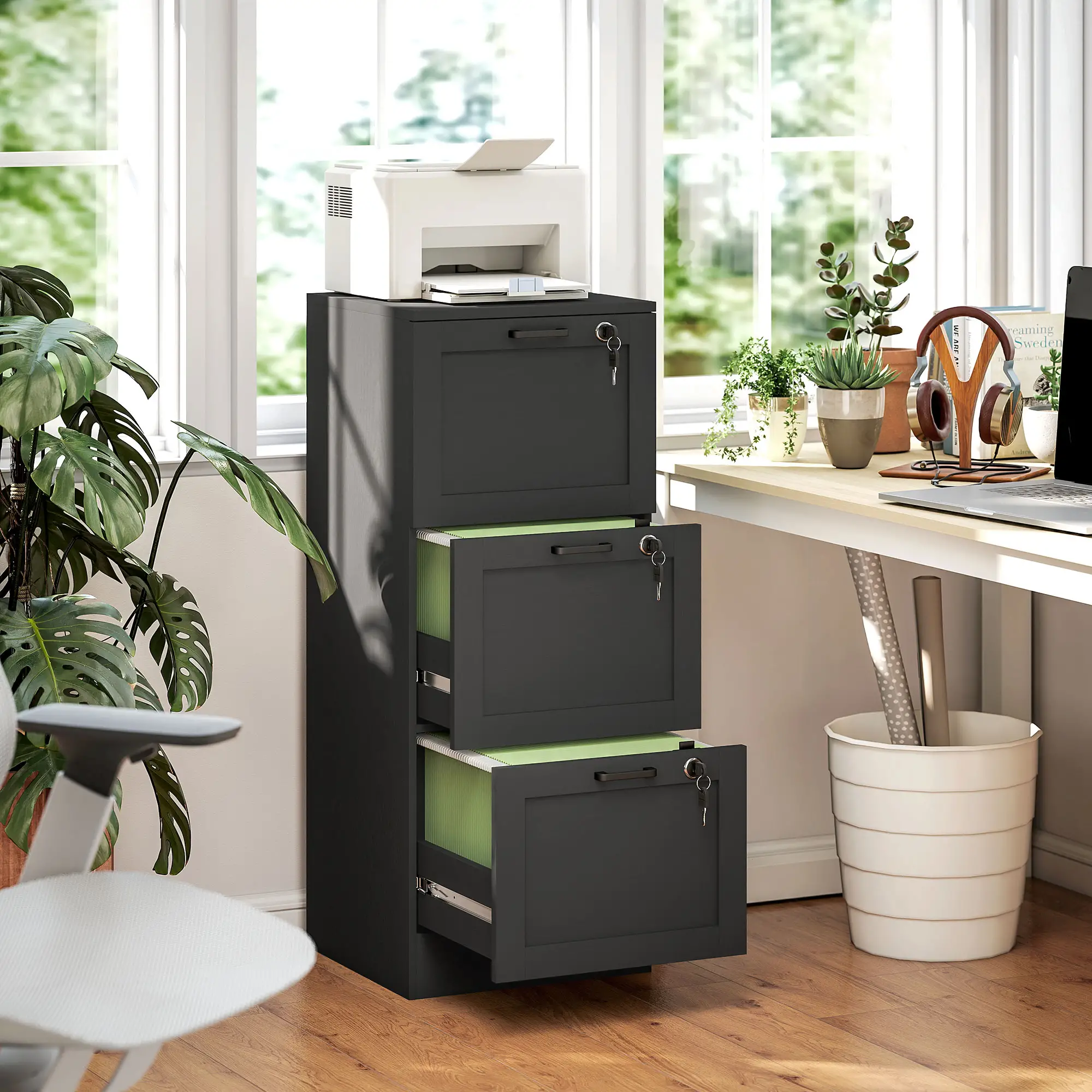 Vertical 3-Drawer Filing Cabinet, Lock, A4 Letter Size, Black - Image 8