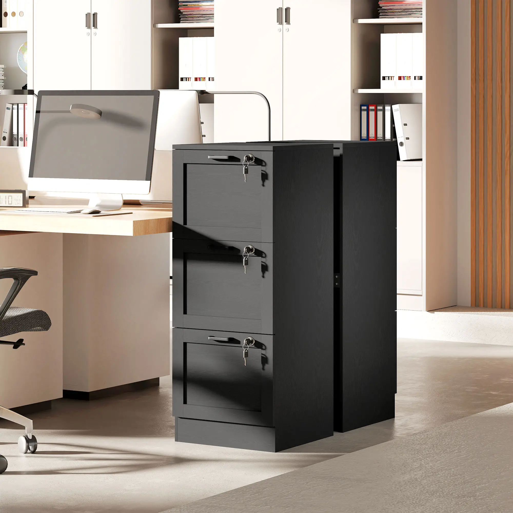 Vertical 3-Drawer Filing Cabinet, Lock, A4 Letter Size, Black - Image 9