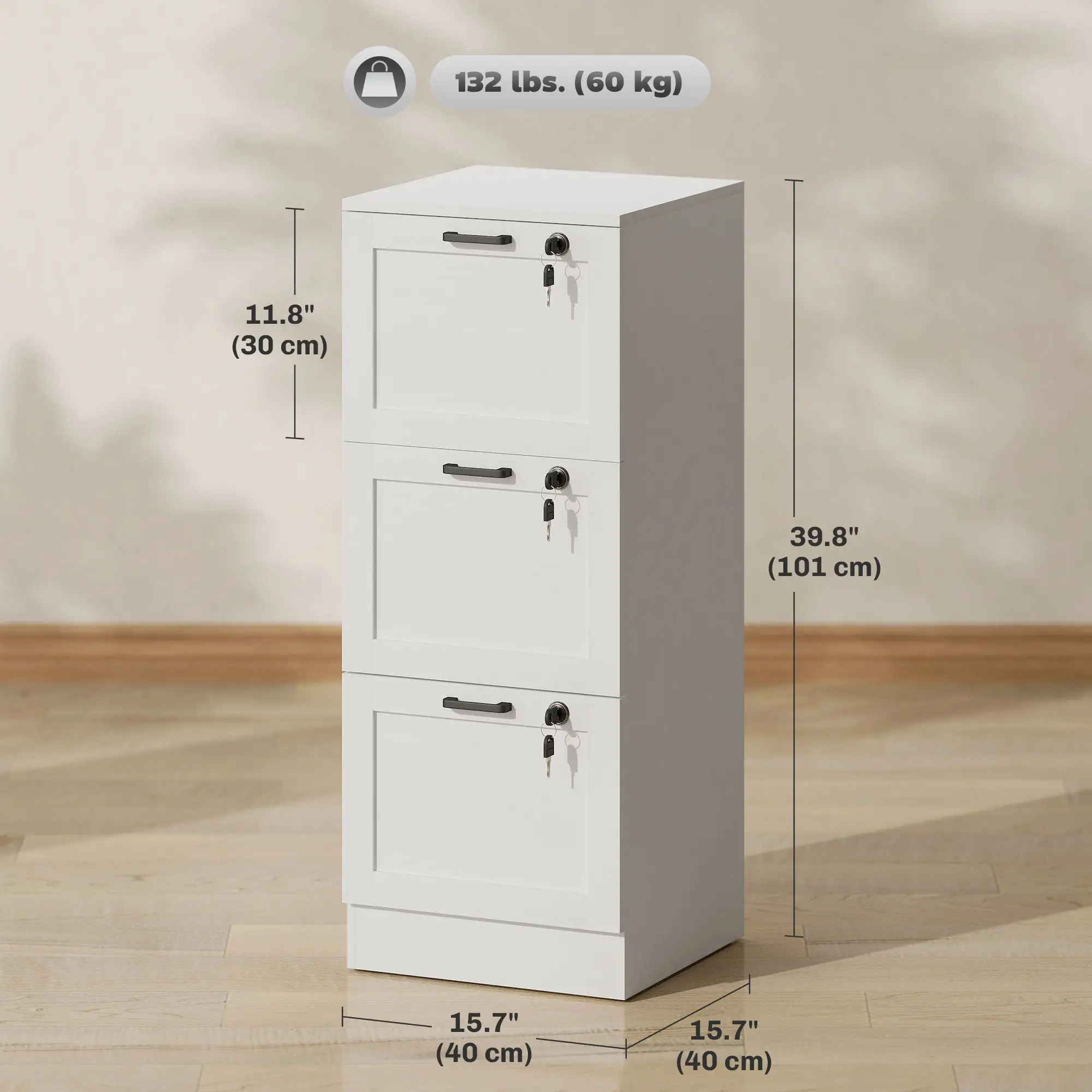 Vertical 3-Drawer Filing Cabinet, Lock, A4 Letter Size, White - Image 3