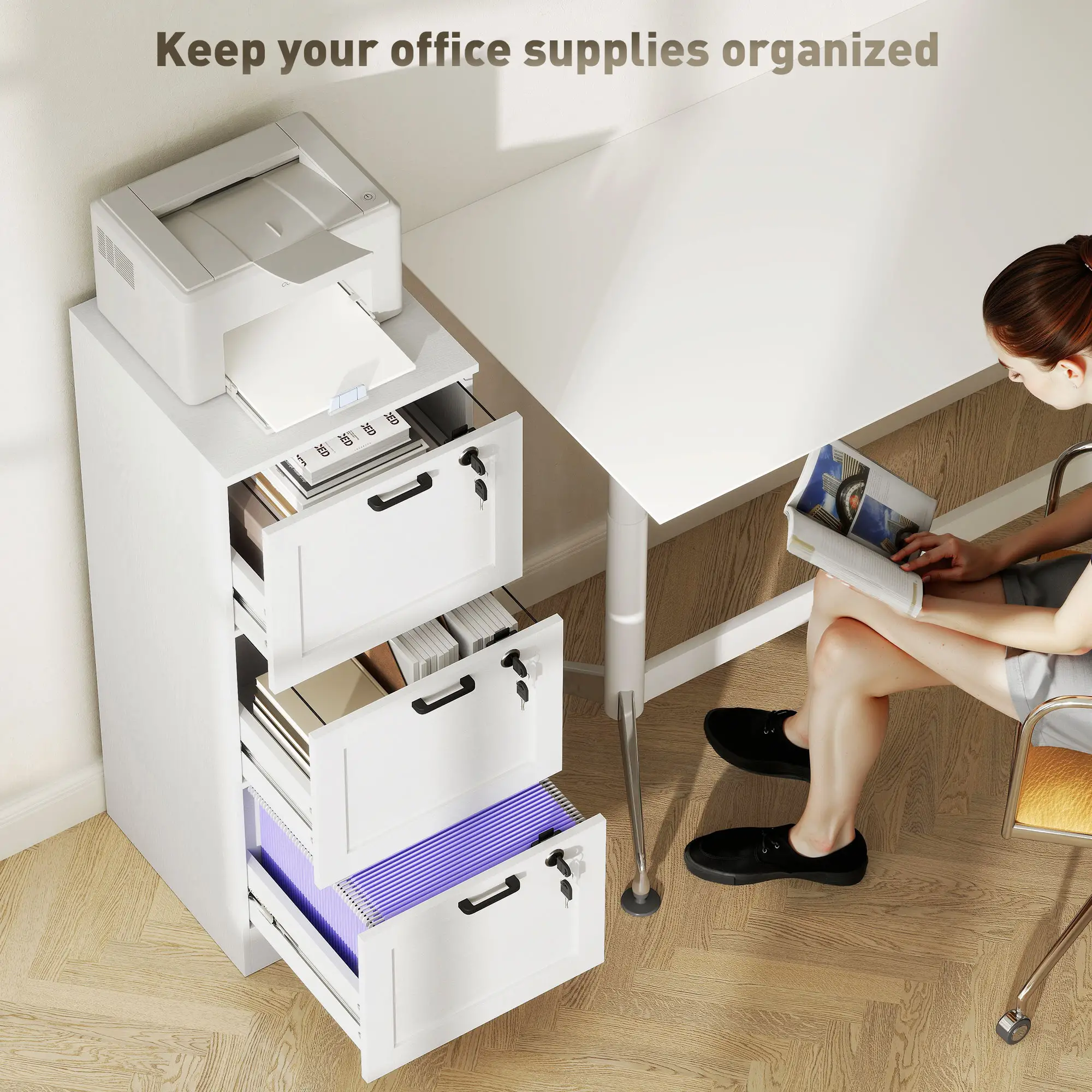 Vertical 3-Drawer Filing Cabinet, Lock, A4 Letter Size, White - Image 4