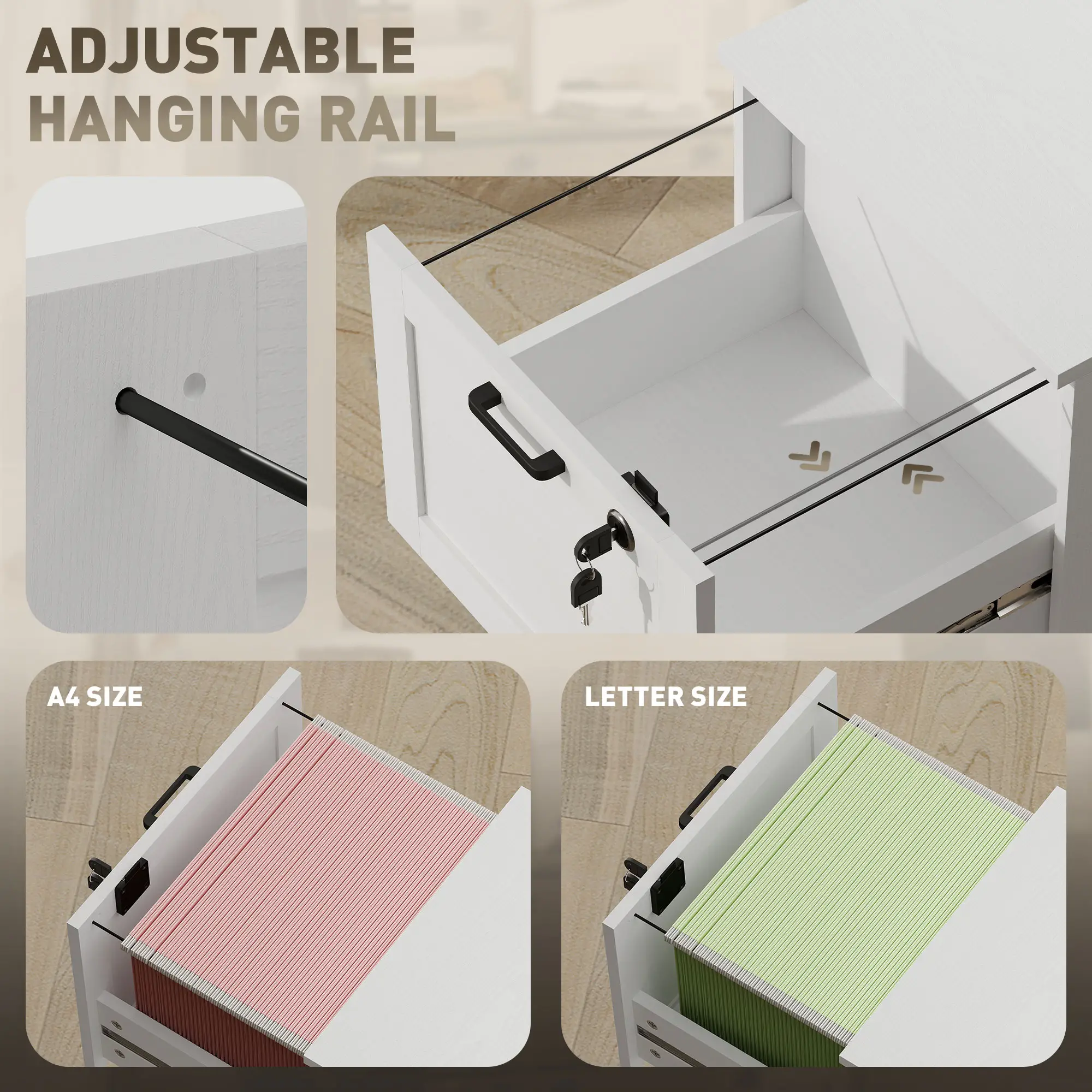 Vertical 3-Drawer Filing Cabinet, Lock, A4 Letter Size, White - Image 5