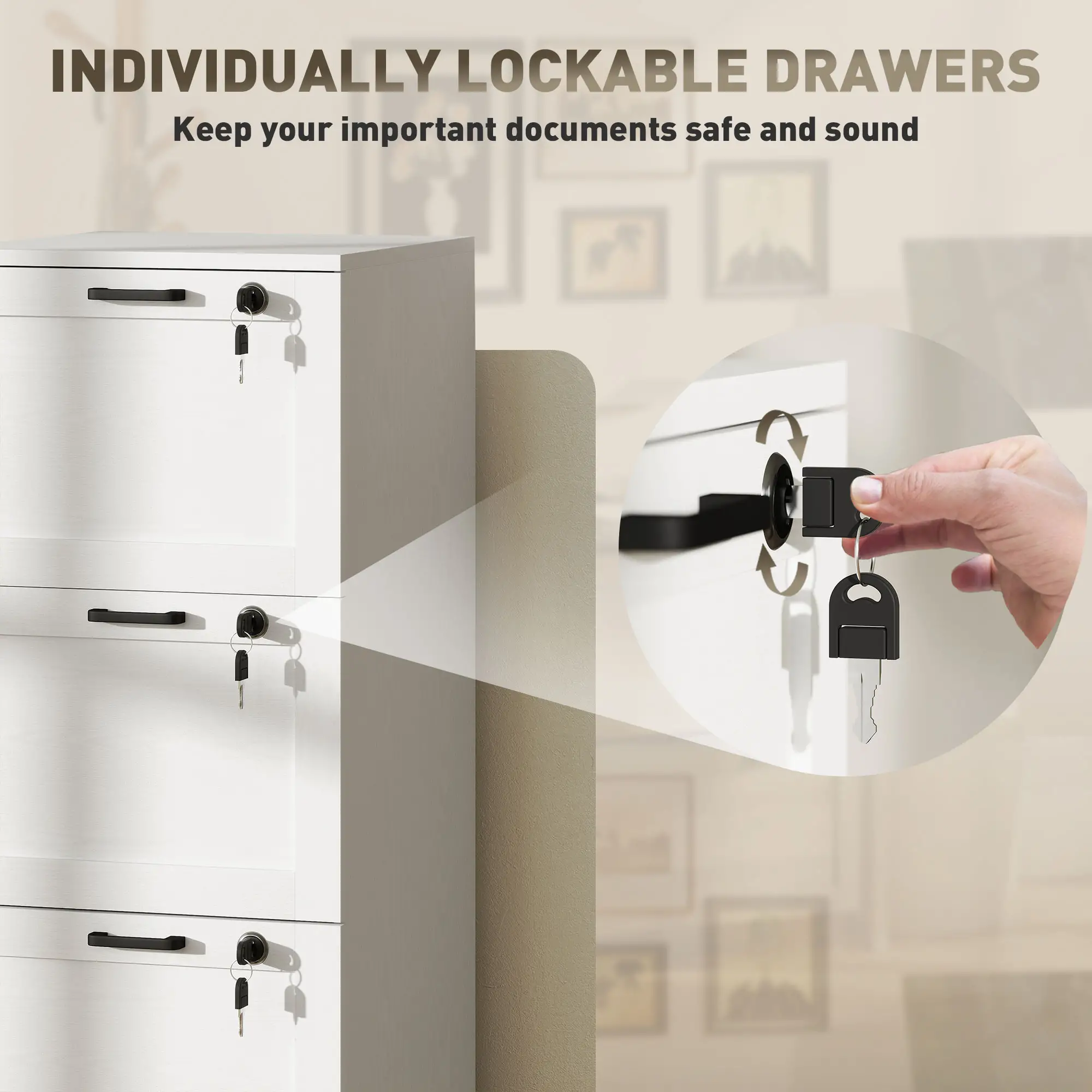 Vertical 3-Drawer Filing Cabinet, Lock, A4 Letter Size, White - Image 6