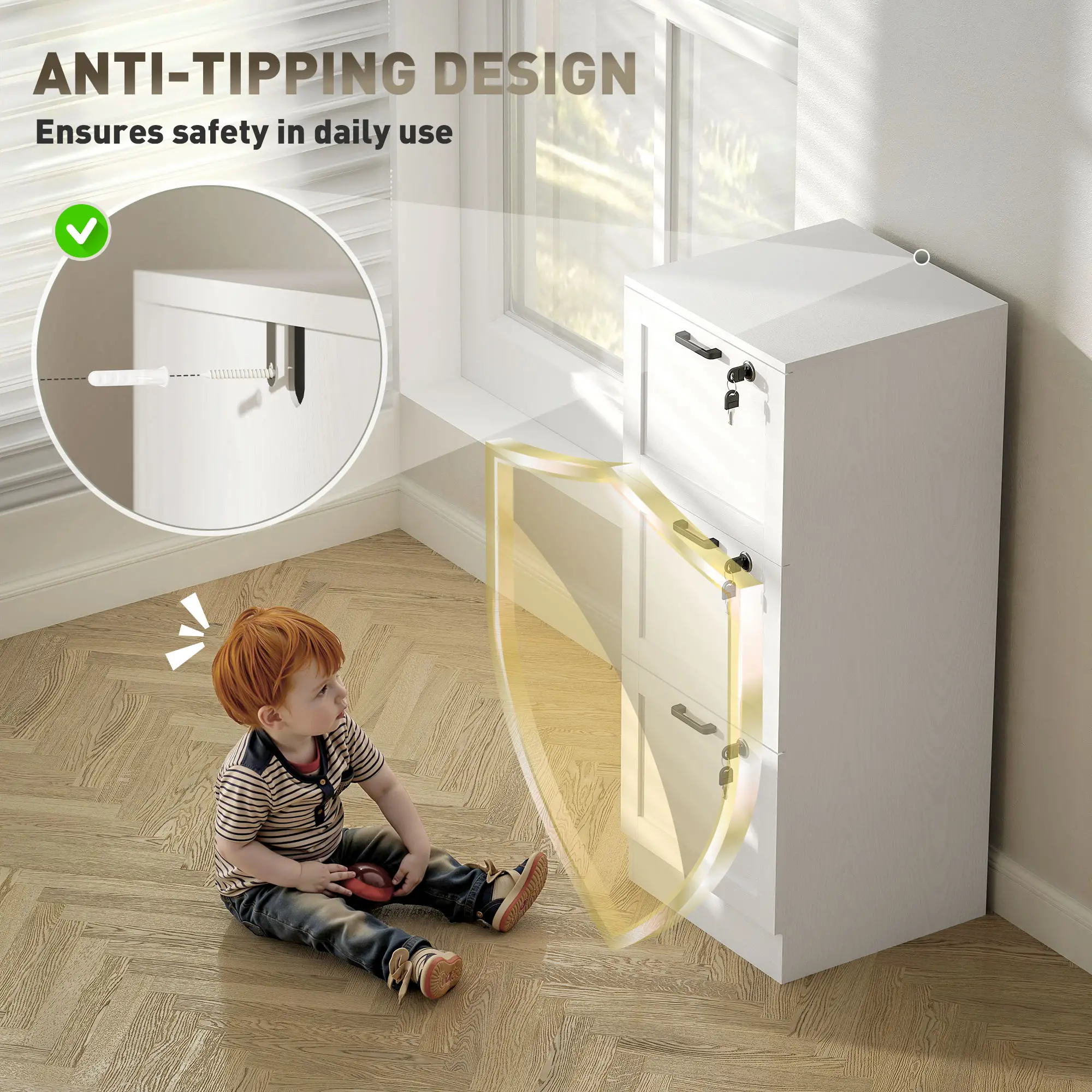 Vertical 3-Drawer Filing Cabinet, Lock, A4 Letter Size, White - Image 7