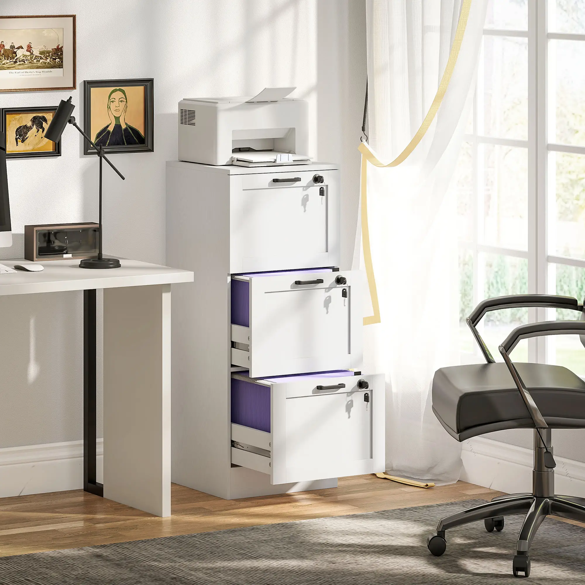 Vertical 3-Drawer Filing Cabinet, Lock, A4 Letter Size, White - Image 8