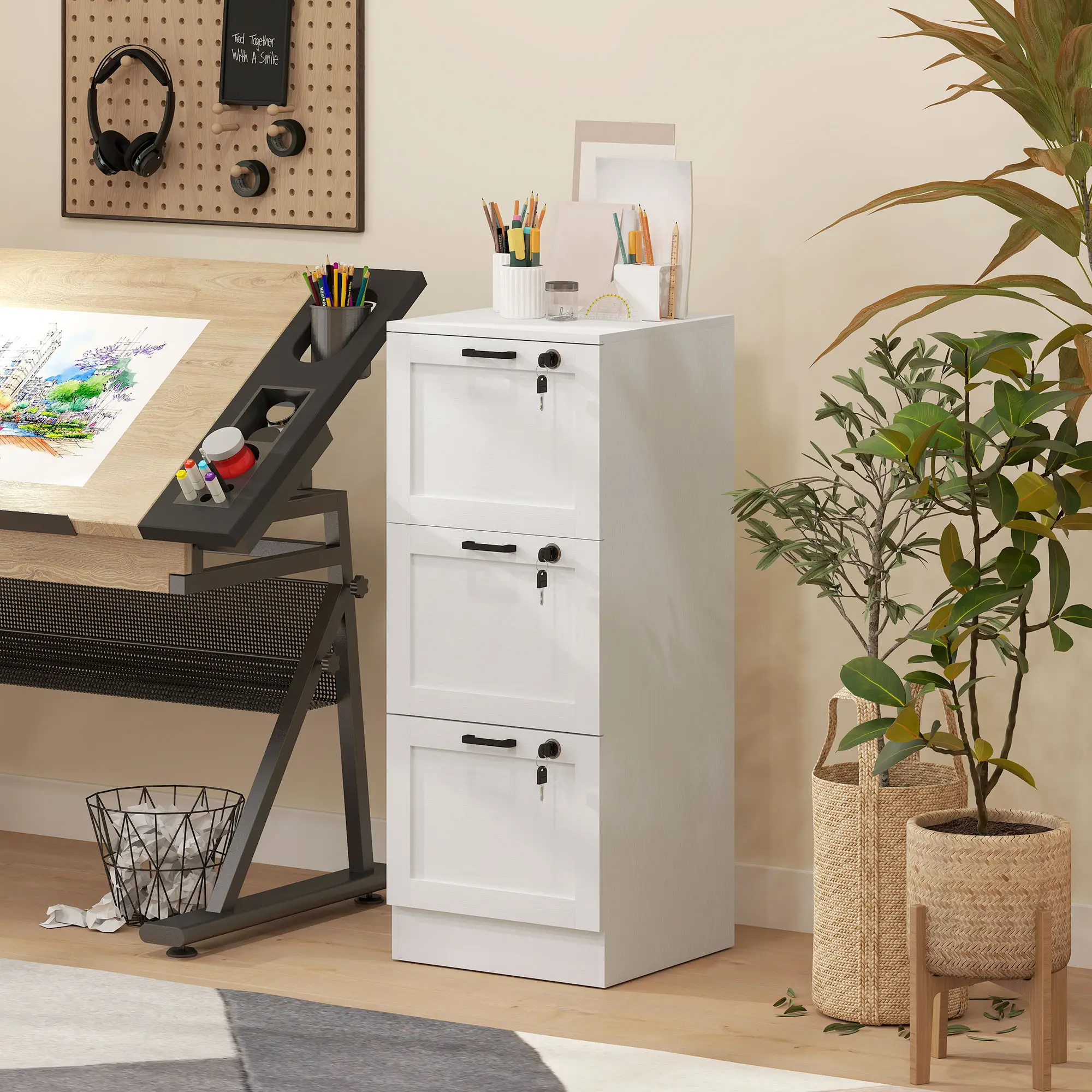 Vertical 3-Drawer Filing Cabinet, Lock, A4 Letter Size, White - Image 9