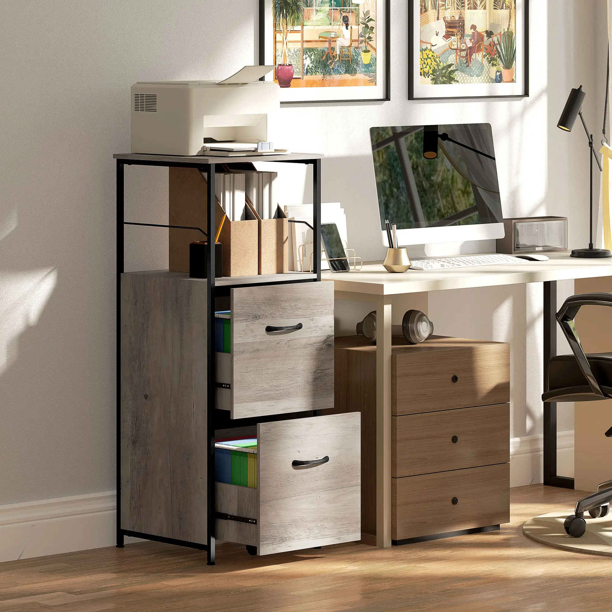 Vertical Filing Cabinet, 2 Drawers, Hanging Bars, Letter and A4 Size, Distressed Grey - Image 2