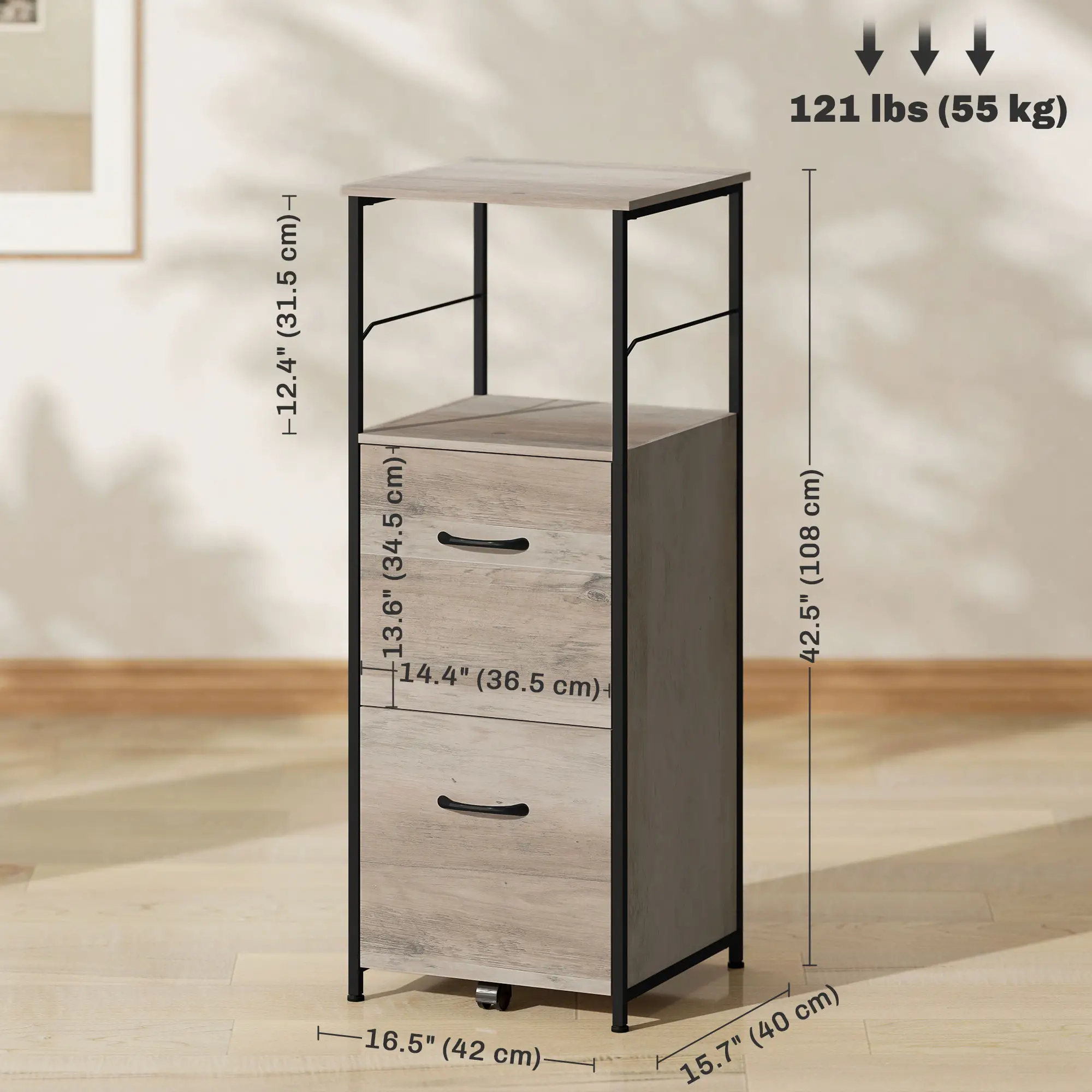 Vertical Filing Cabinet, 2 Drawers, Hanging Bars, Letter and A4 Size, Distressed Grey - Image 3
