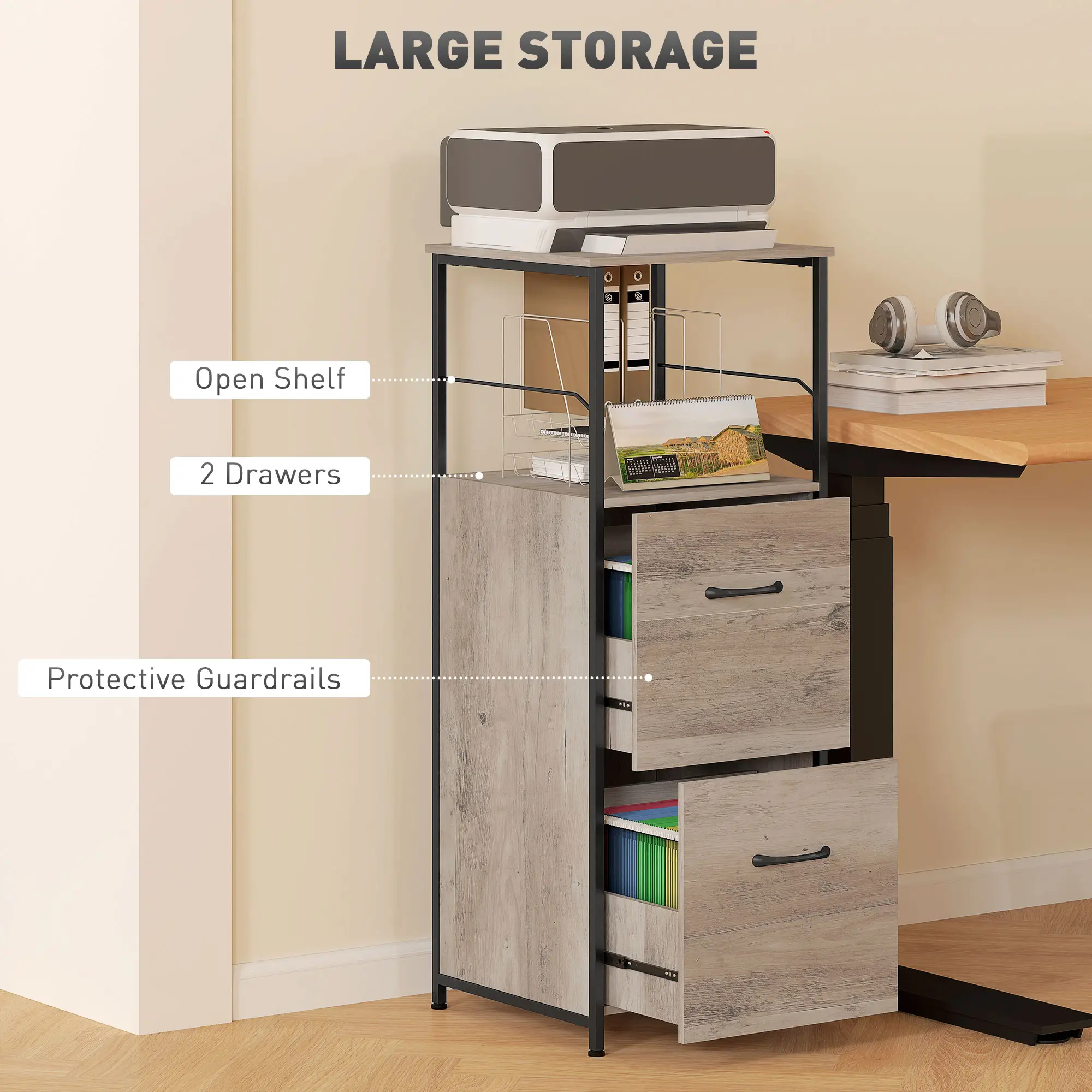 Vertical Filing Cabinet, 2 Drawers, Hanging Bars, Letter and A4 Size, Distressed Grey - Image 5