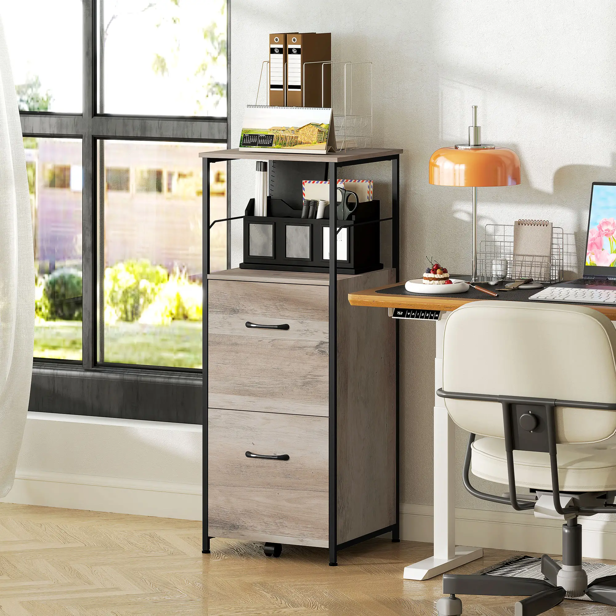 Vertical Filing Cabinet, 2 Drawers, Hanging Bars, Letter and A4 Size, Distressed Grey - Image 7