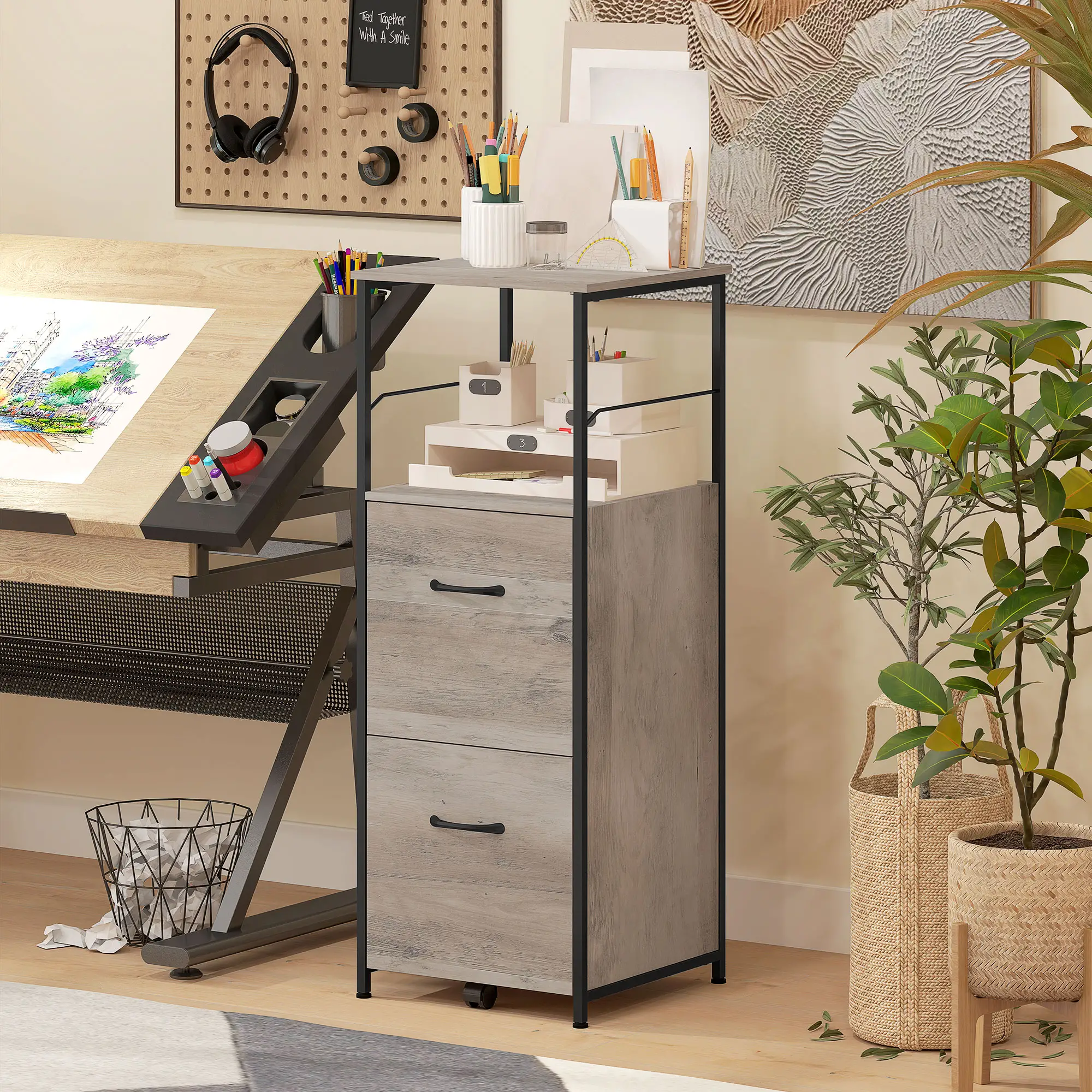 Vertical Filing Cabinet, 2 Drawers, Hanging Bars, Letter and A4 Size, Distressed Grey - Image 9