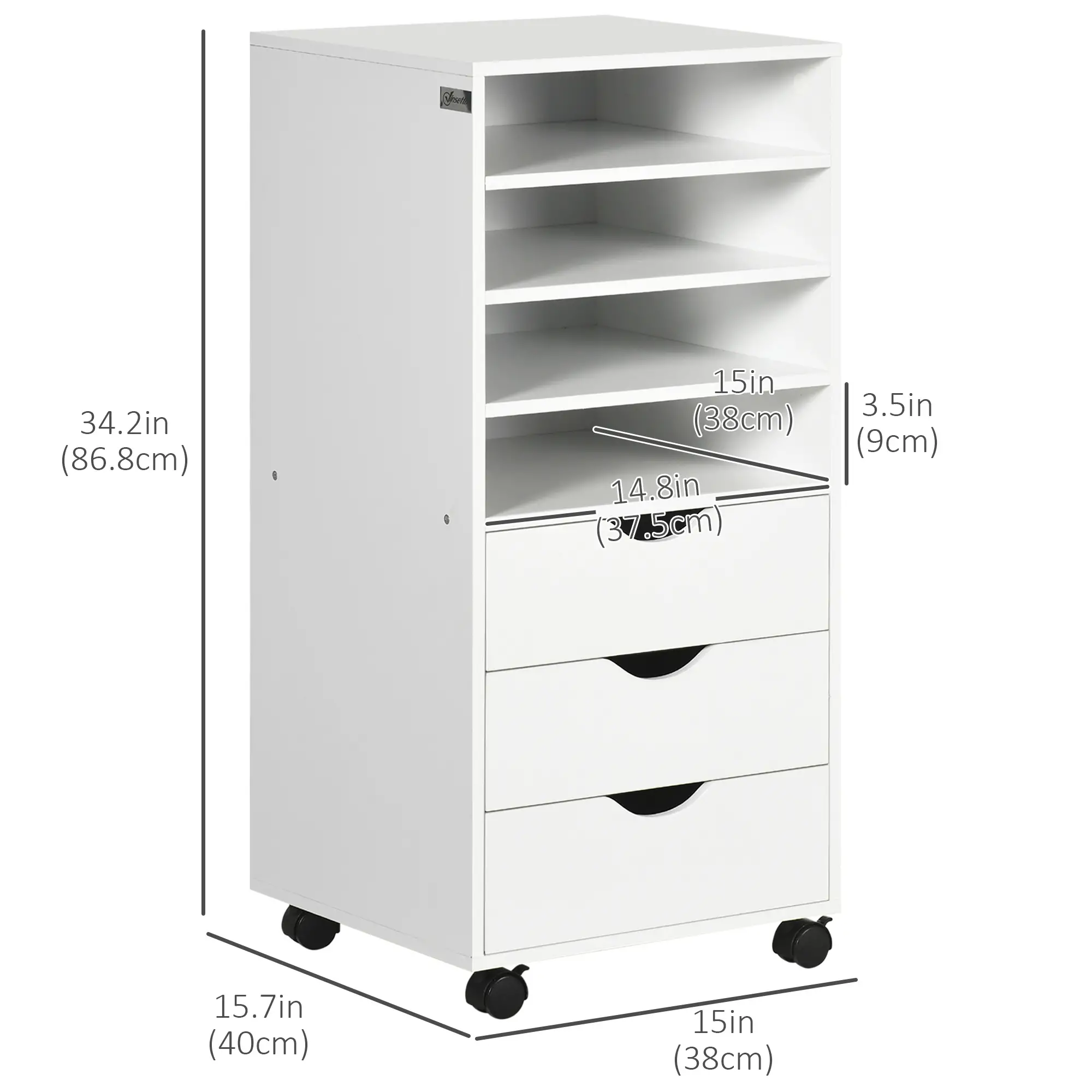 Vertical Filing Cabinet, Mobile 3 Drawers, 4 Shelves, White - Image 3
