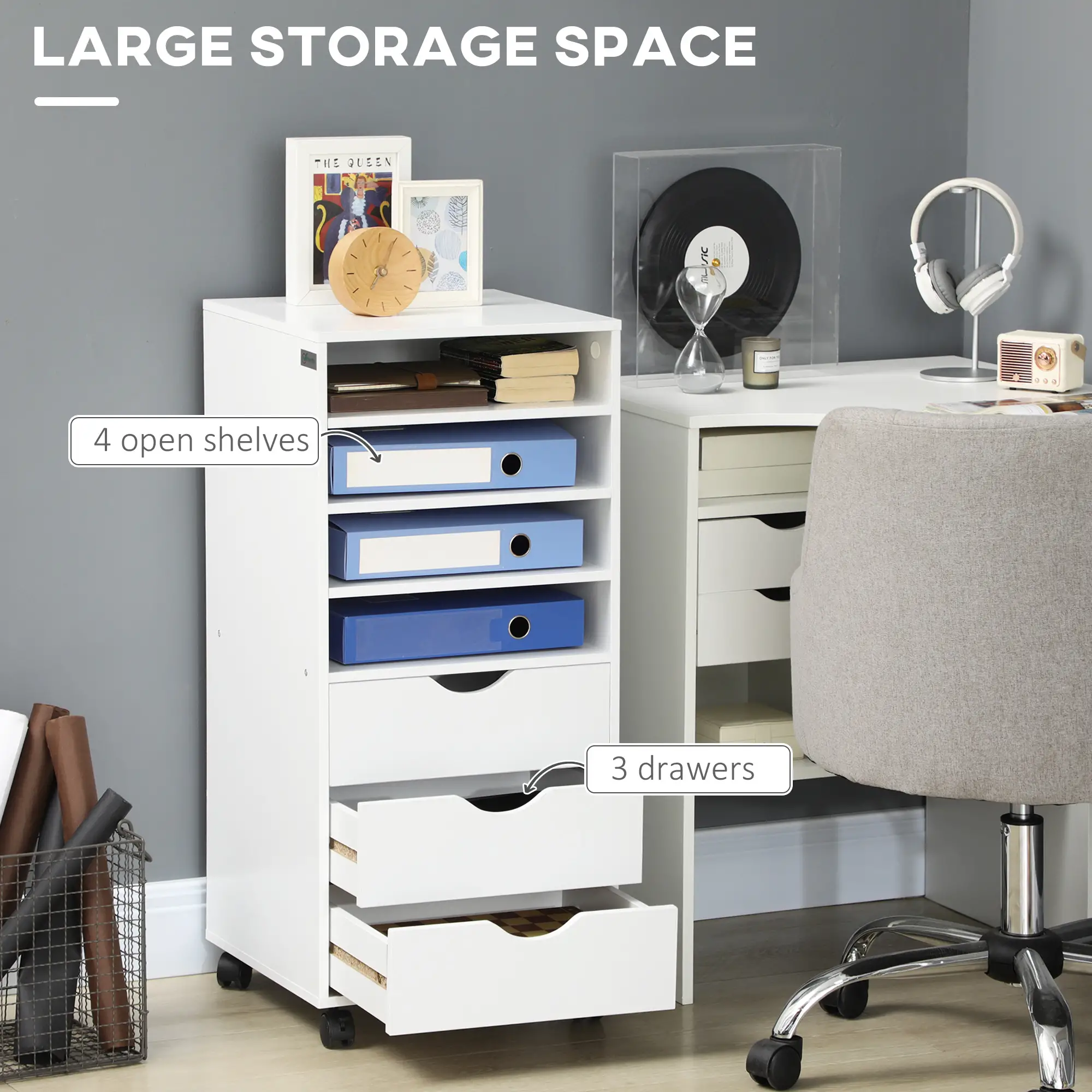 Vertical Filing Cabinet, Mobile 3 Drawers, 4 Shelves, White - Image 4